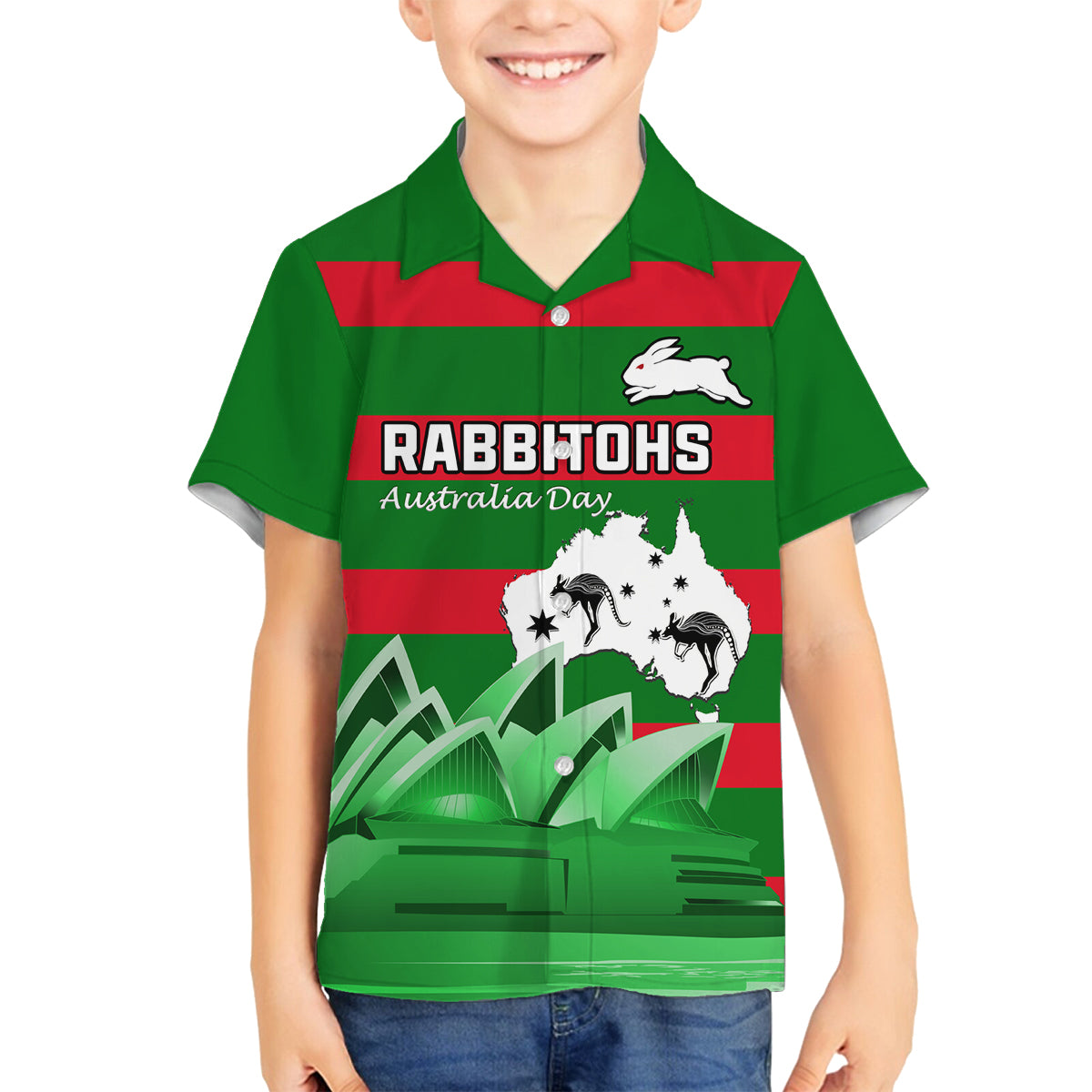 Custom Australia Day Rabbitohs Family Matching Off Shoulder Long Sleeve Dress and Hawaiian Shirt NRL 2024 Sydney Opera House With Map