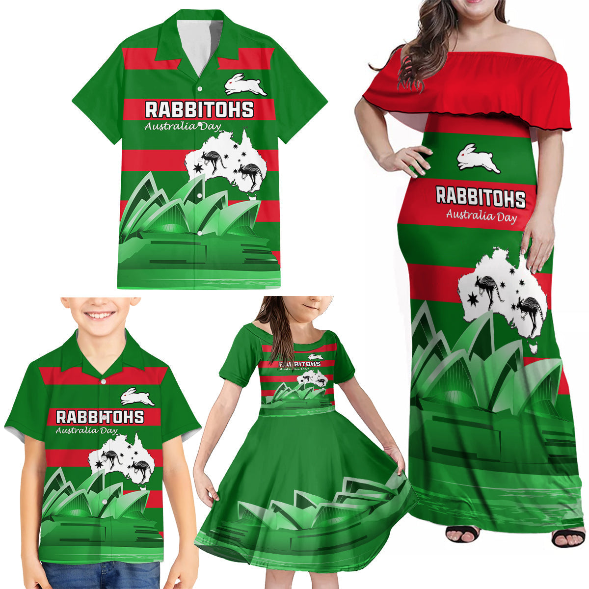 Custom Australia Day Rabbitohs Family Matching Off Shoulder Maxi Dress and Hawaiian Shirt NRL 2024 Sydney Opera House With Map