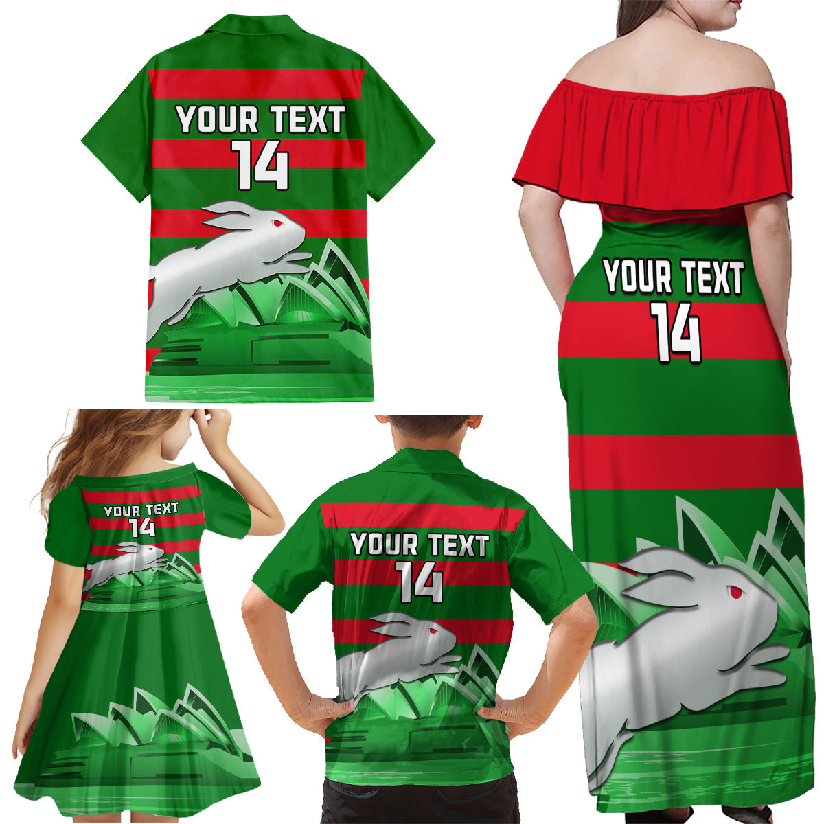 Custom Australia Day Rabbitohs Family Matching Off Shoulder Maxi Dress and Hawaiian Shirt NRL 2024 Sydney Opera House With Map