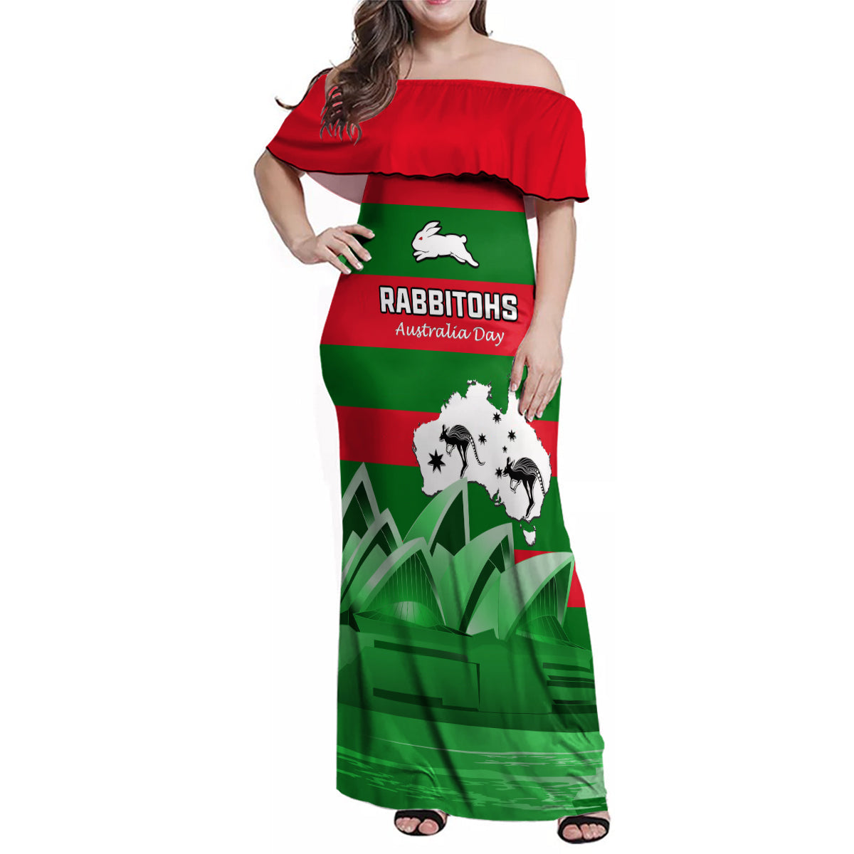 Custom Australia Day Rabbitohs Family Matching Off Shoulder Maxi Dress and Hawaiian Shirt NRL 2024 Sydney Opera House With Map