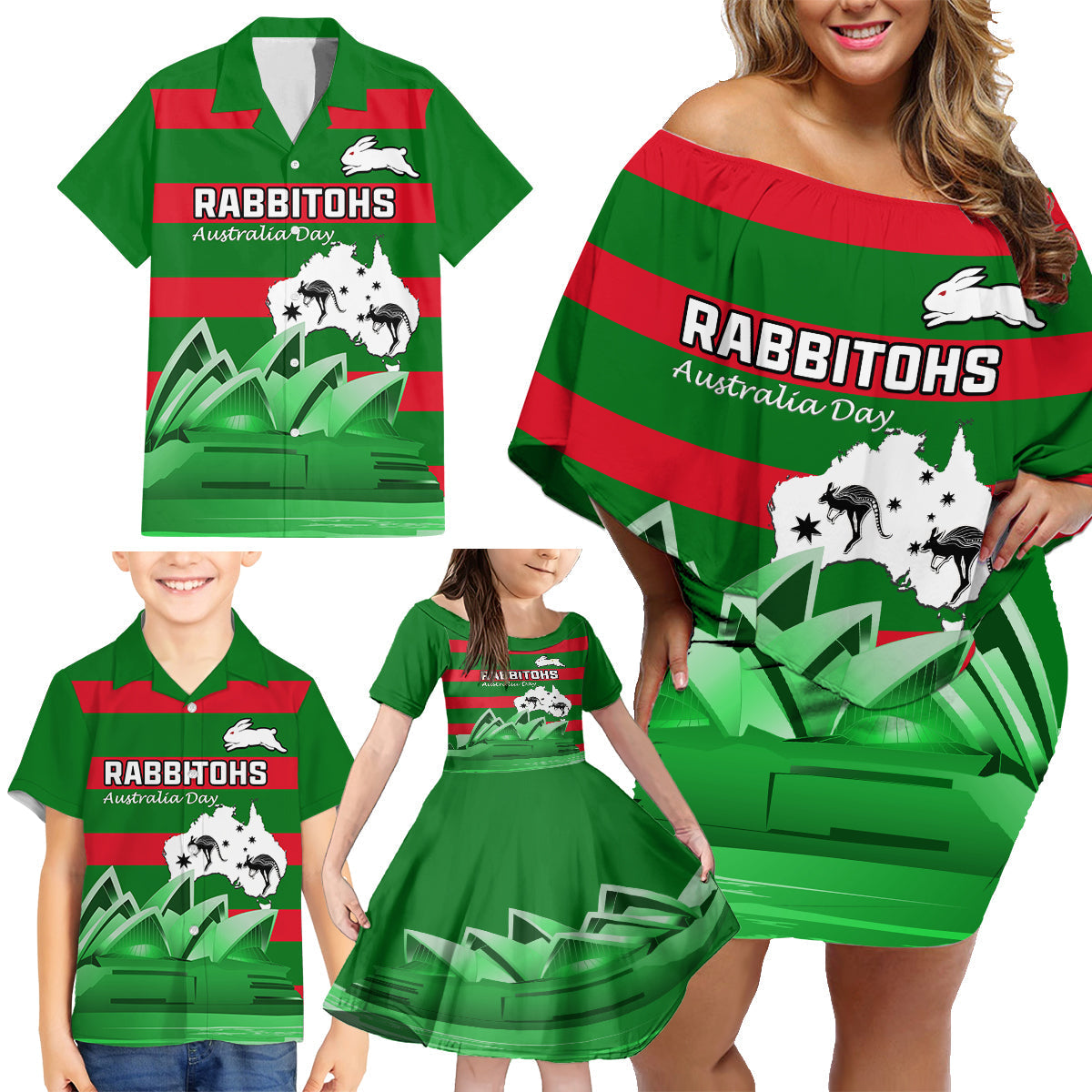 Custom Australia Day Rabbitohs Family Matching Off Shoulder Short Dress and Hawaiian Shirt NRL 2024 Sydney Opera House With Map