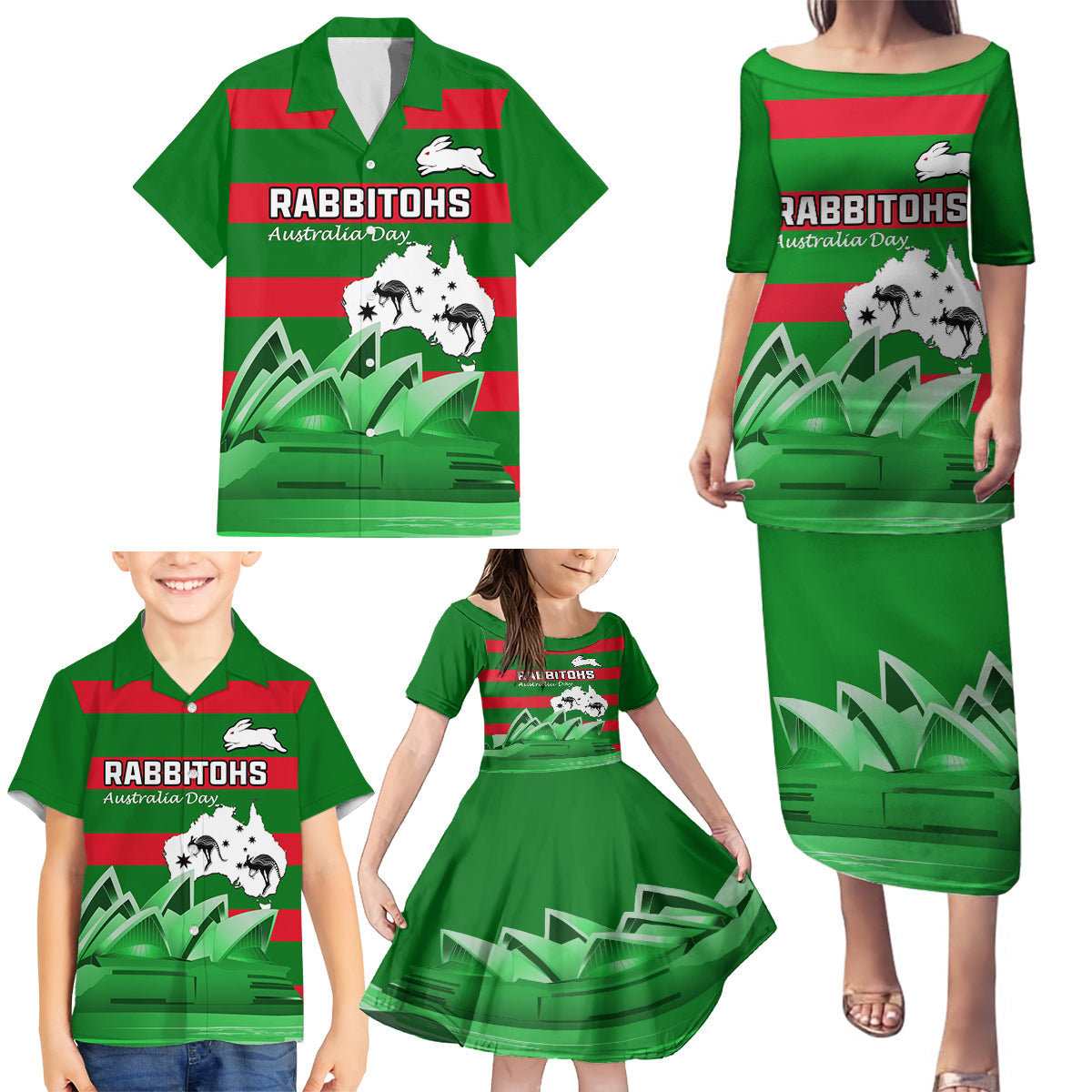 Custom Australia Day Rabbitohs Family Matching Puletasi and Hawaiian Shirt NRL 2024 Sydney Opera House With Map