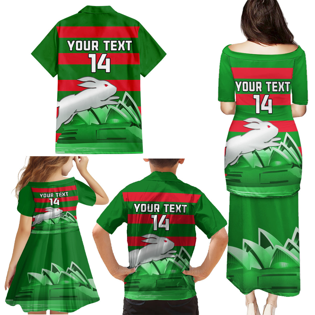 Custom Australia Day Rabbitohs Family Matching Puletasi and Hawaiian Shirt NRL 2024 Sydney Opera House With Map