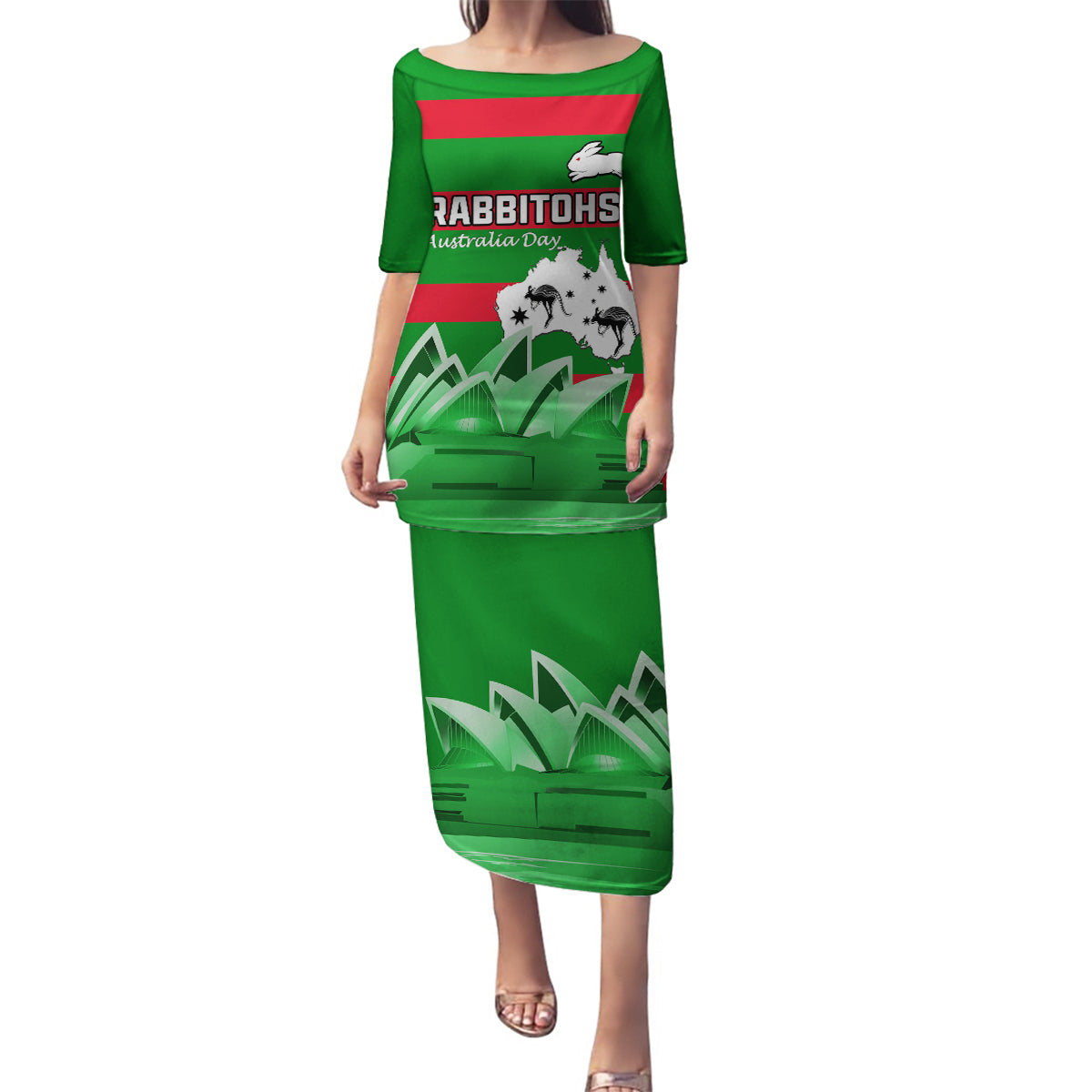 Custom Australia Day Rabbitohs Family Matching Puletasi and Hawaiian Shirt NRL 2024 Sydney Opera House With Map