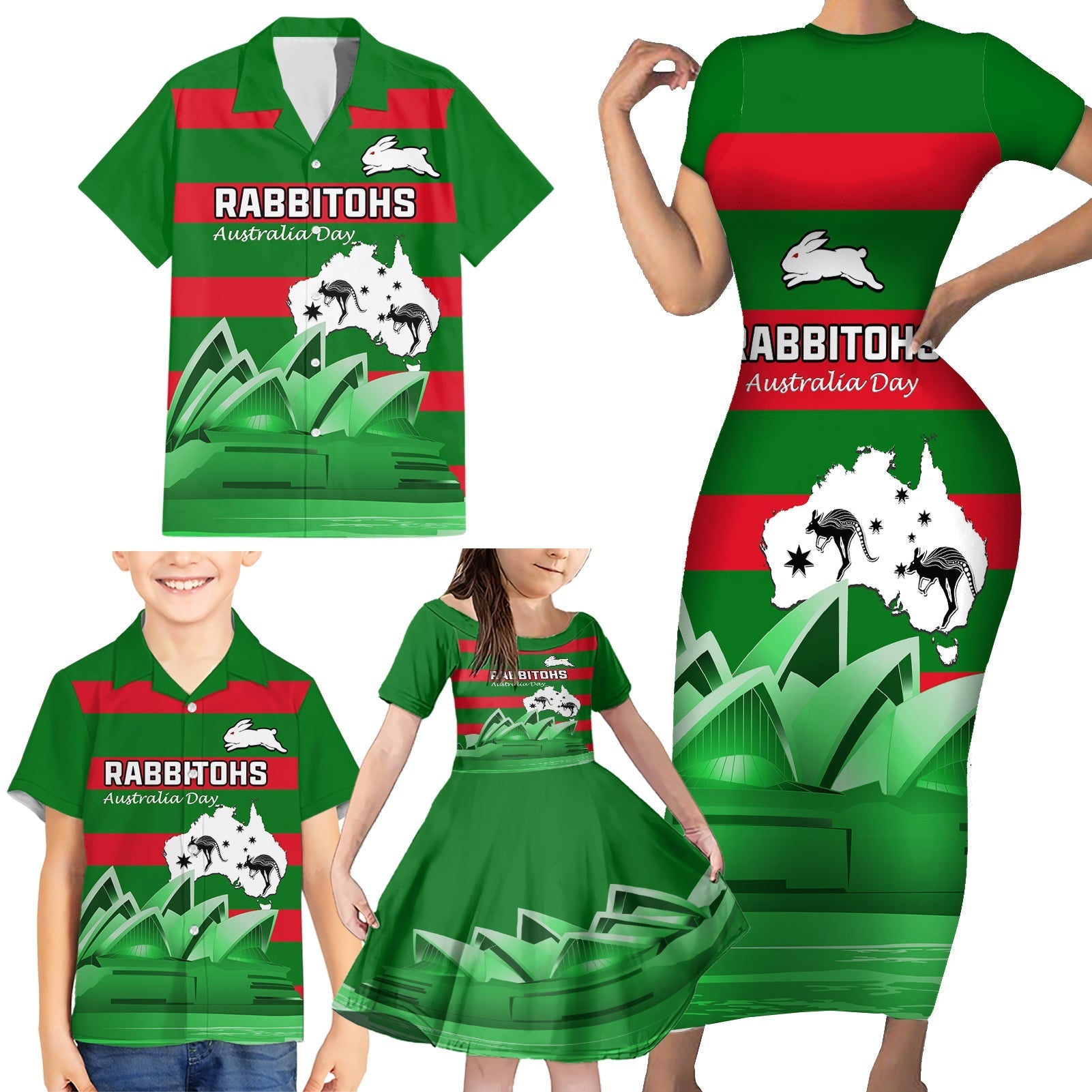 Custom Australia Day Rabbitohs Family Matching Short Sleeve Bodycon Dress and Hawaiian Shirt NRL 2024 Sydney Opera House With Map