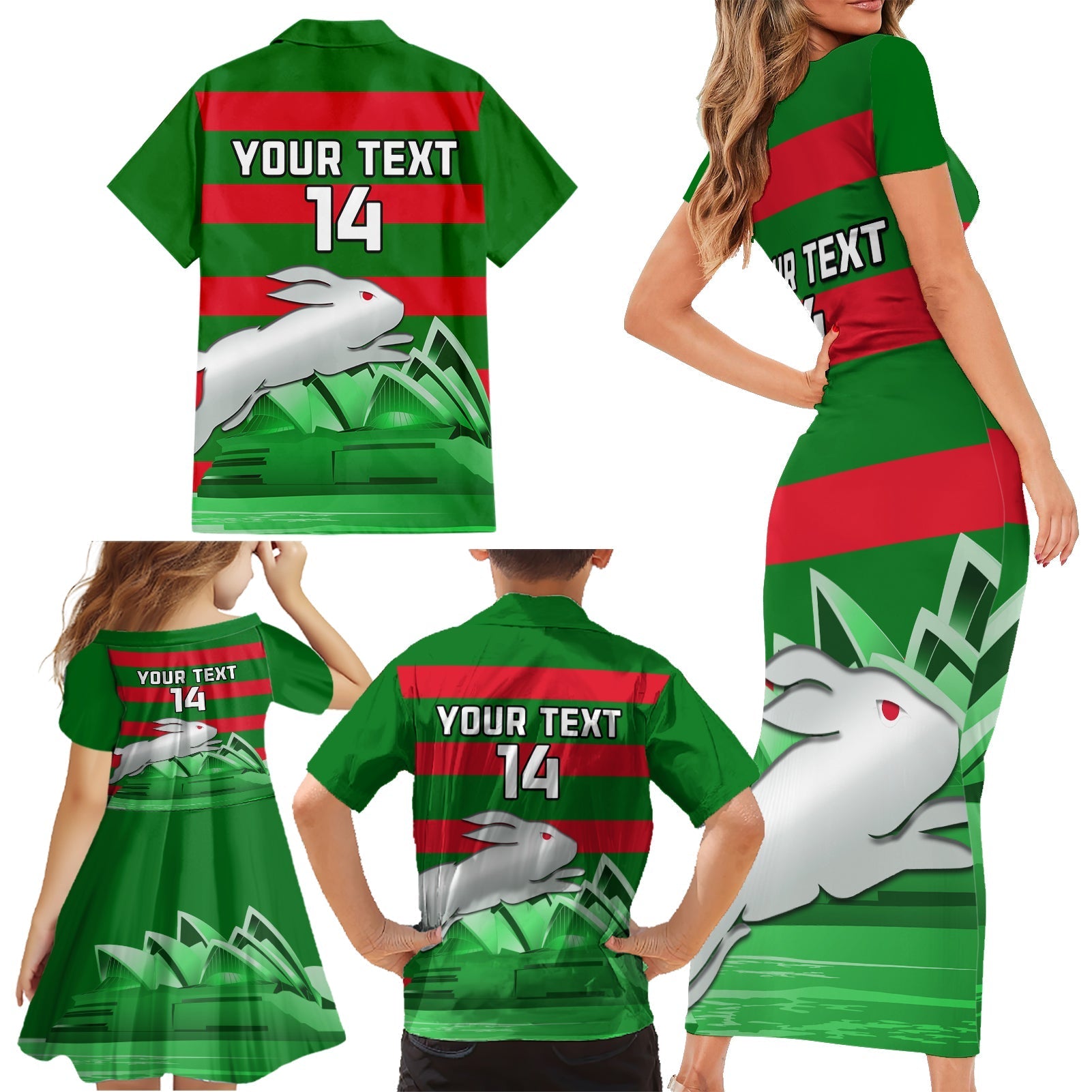 Custom Australia Day Rabbitohs Family Matching Short Sleeve Bodycon Dress and Hawaiian Shirt NRL 2024 Sydney Opera House With Map