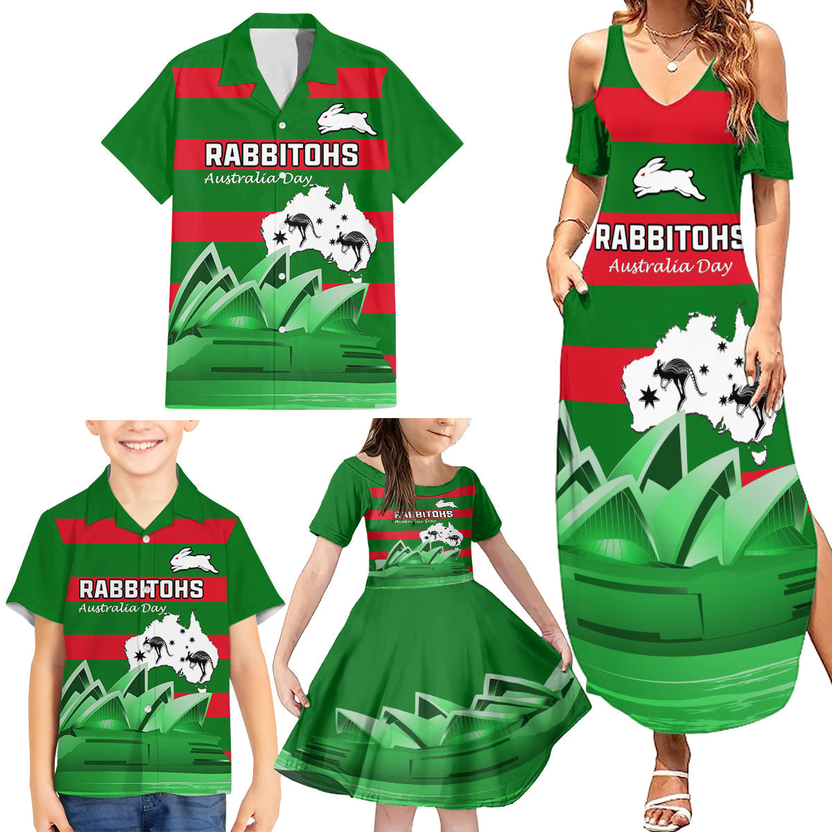 Custom Australia Day Rabbitohs Family Matching Summer Maxi Dress and Hawaiian Shirt NRL 2024 Sydney Opera House With Map