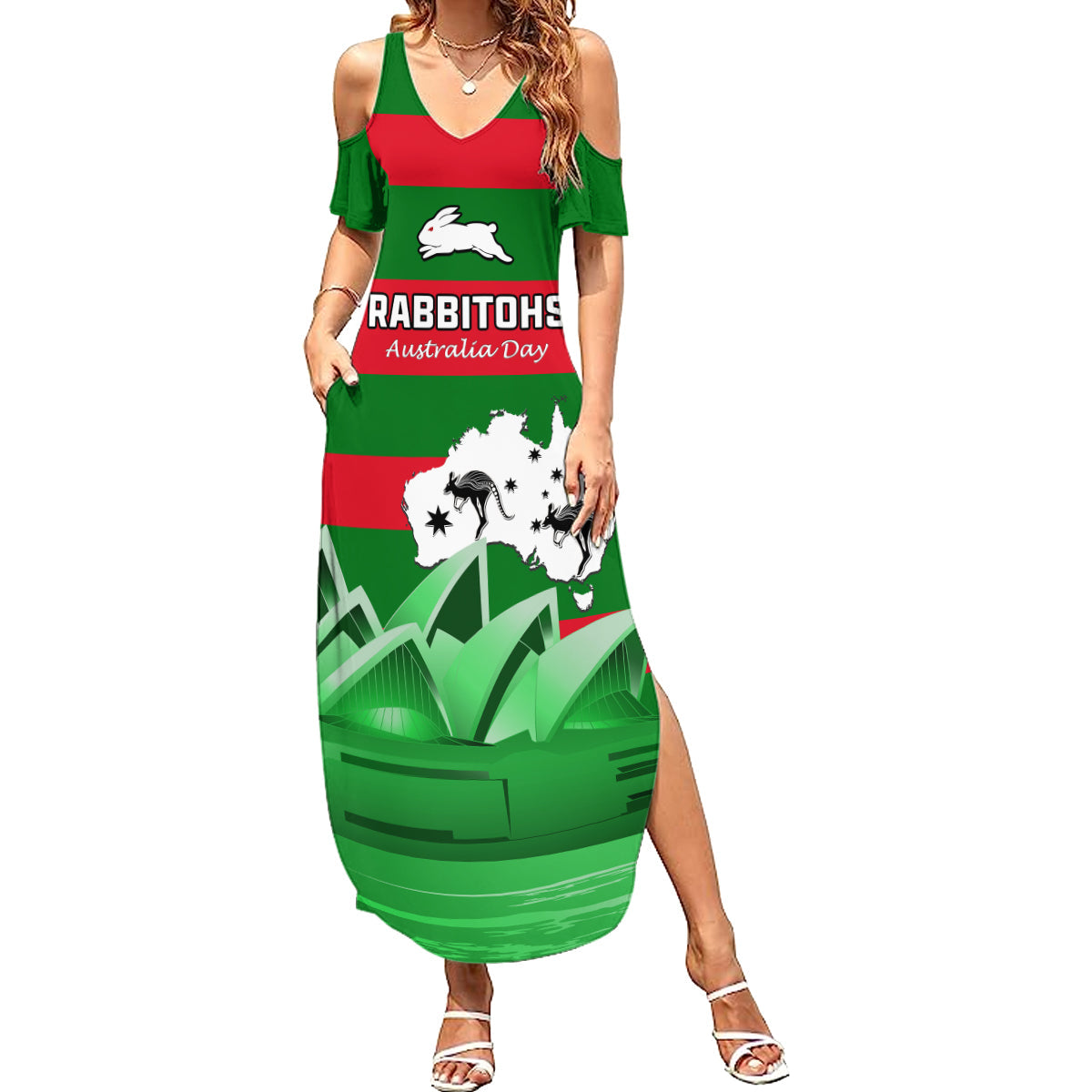 Custom Australia Day Rabbitohs Family Matching Summer Maxi Dress and Hawaiian Shirt NRL 2024 Sydney Opera House With Map