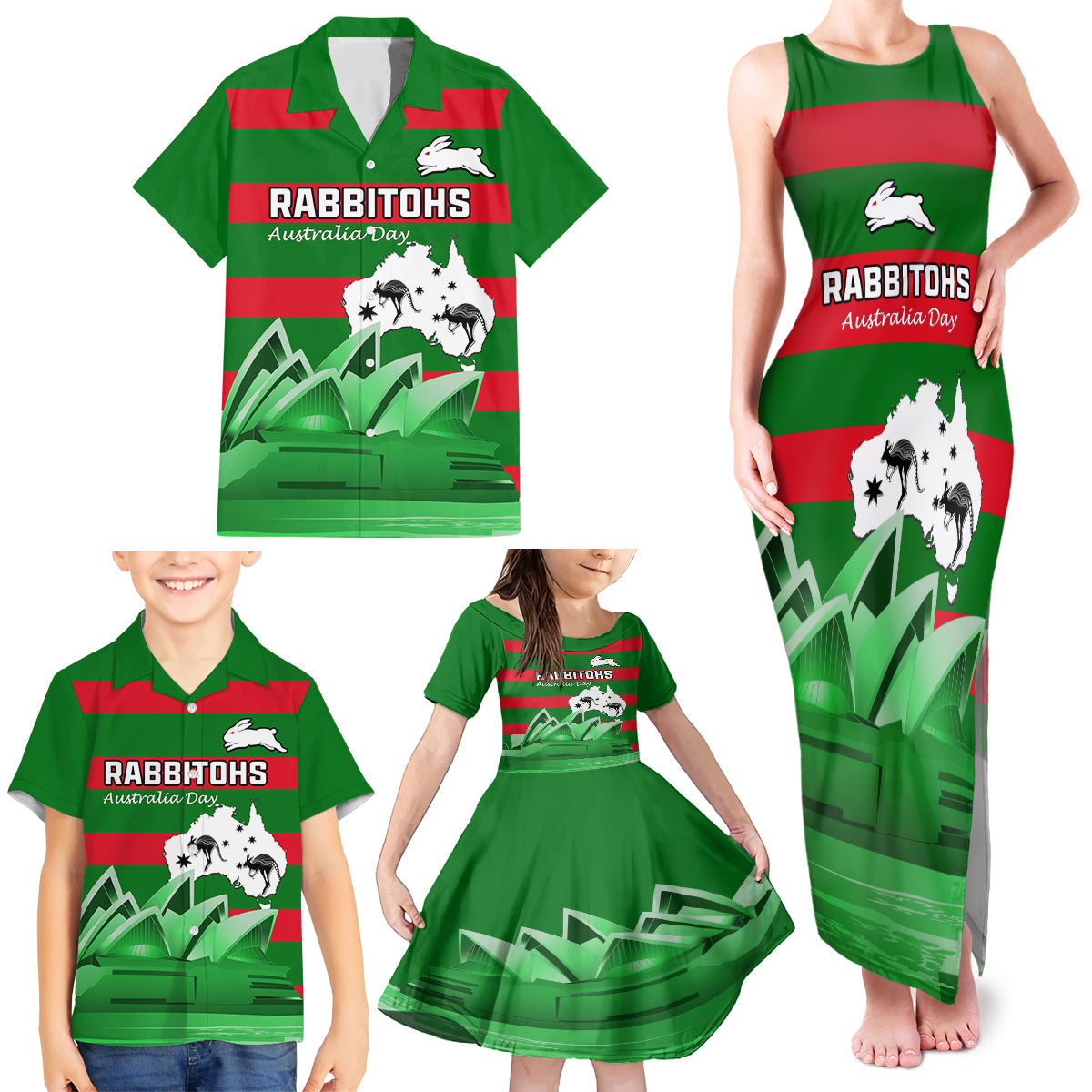 Custom Australia Day Rabbitohs Family Matching Tank Maxi Dress and Hawaiian Shirt NRL 2024 Sydney Opera House With Map