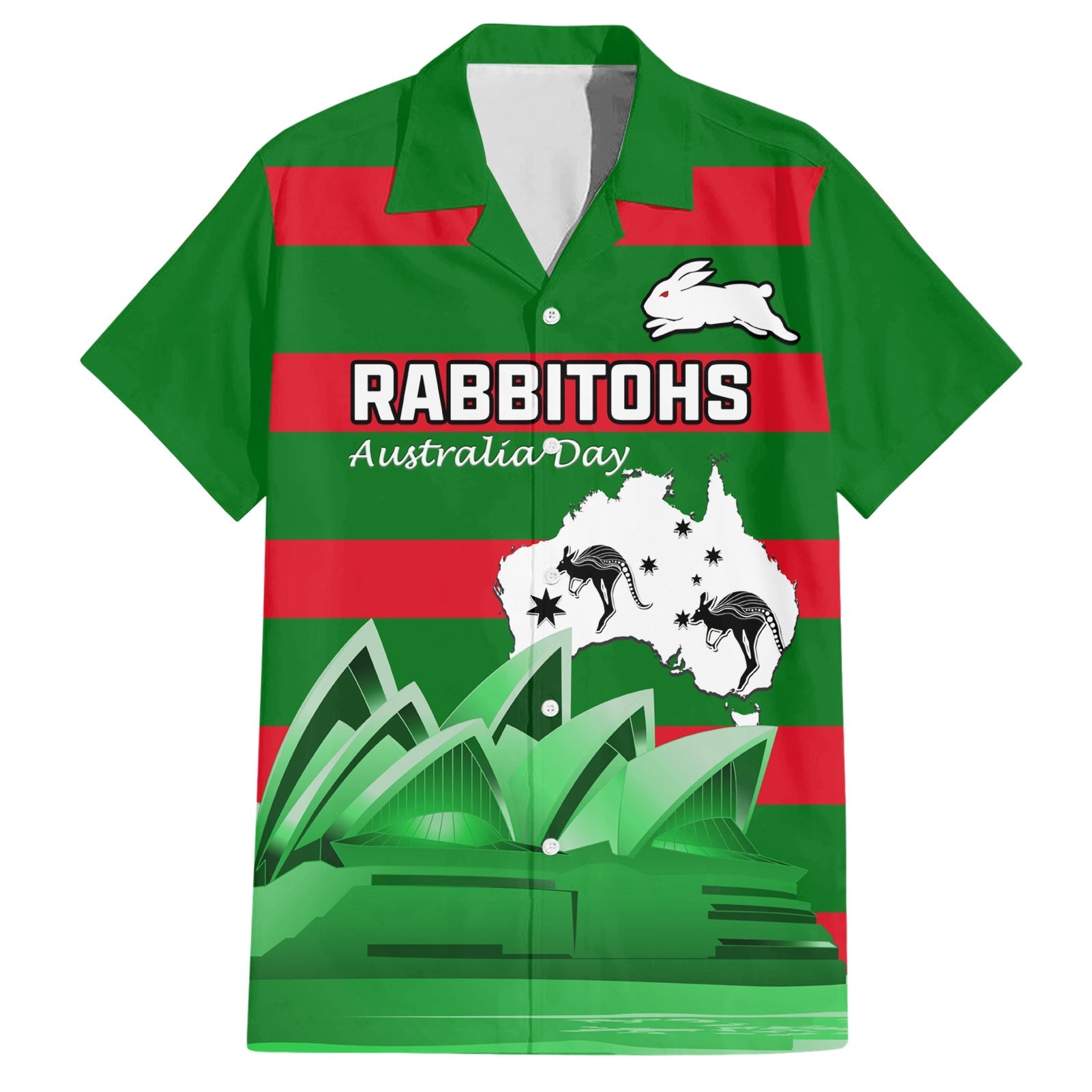 Custom Australia Day Rabbitohs Hawaiian Shirt NRL 2024 Sydney Opera House With Map - Vibe Hoodie Shop