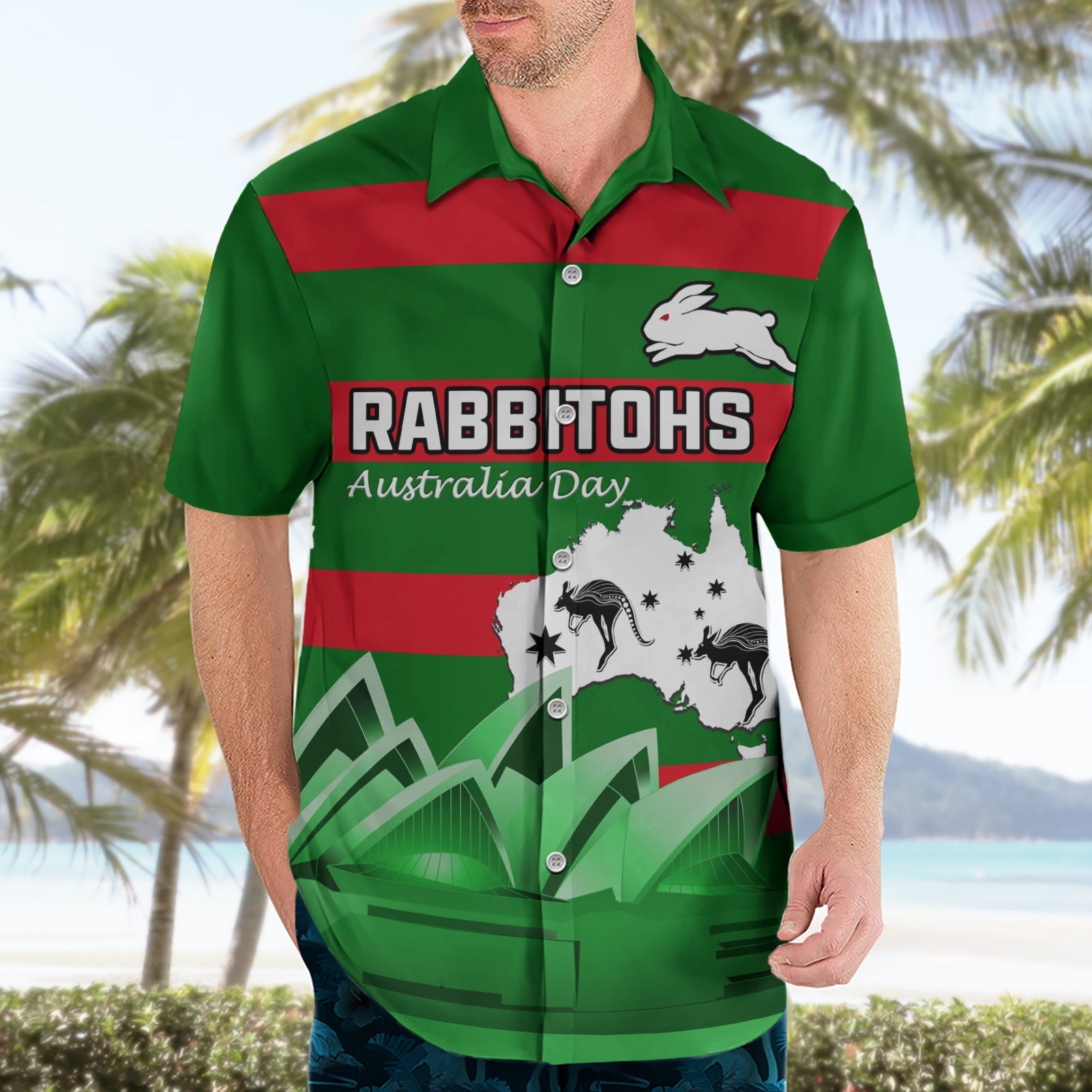 Custom Australia Day Rabbitohs Hawaiian Shirt NRL 2024 Sydney Opera House With Map - Vibe Hoodie Shop