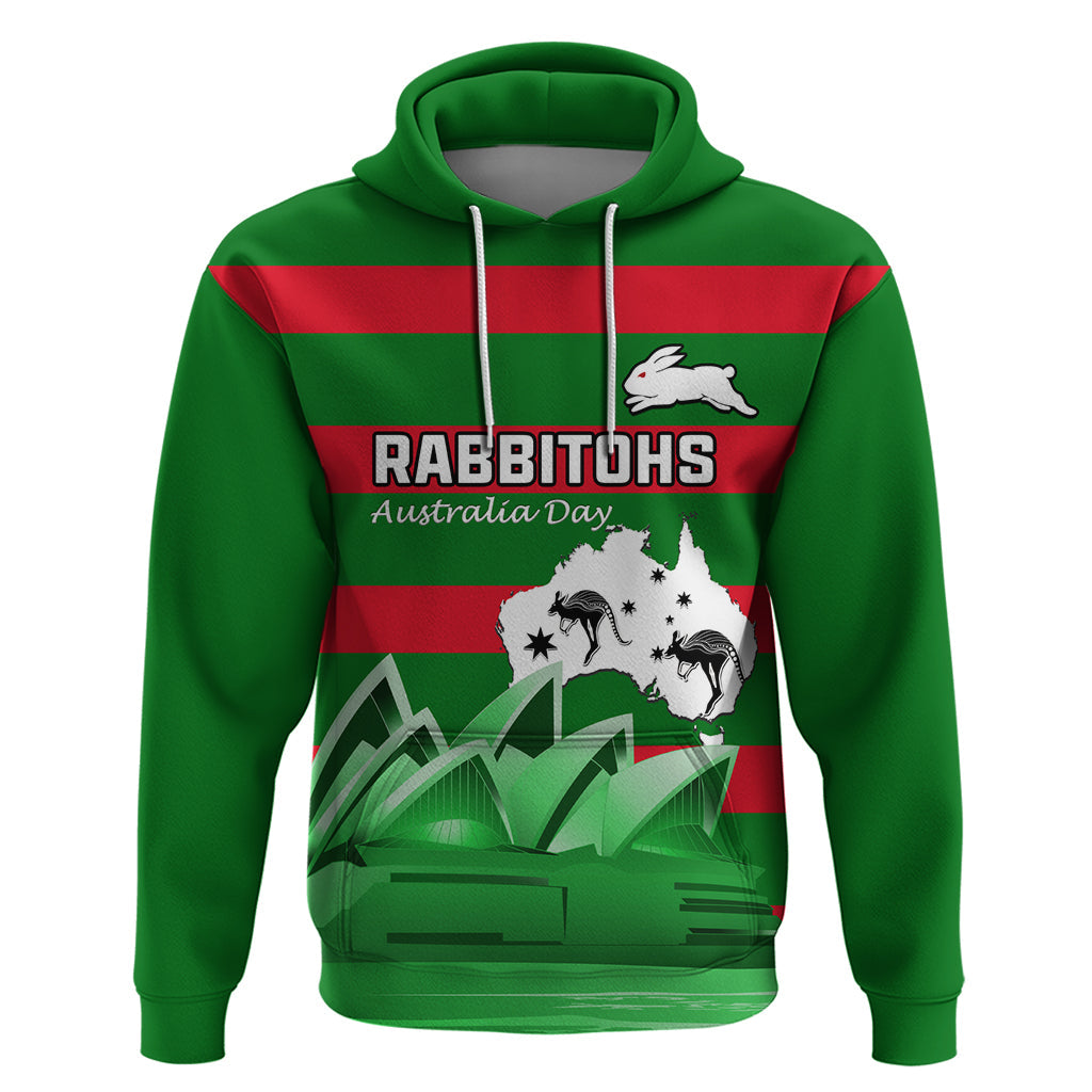 Custom Australia Day Rabbitohs Hoodie NRL 2024 Sydney Opera House With Map - Vibe Hoodie Shop