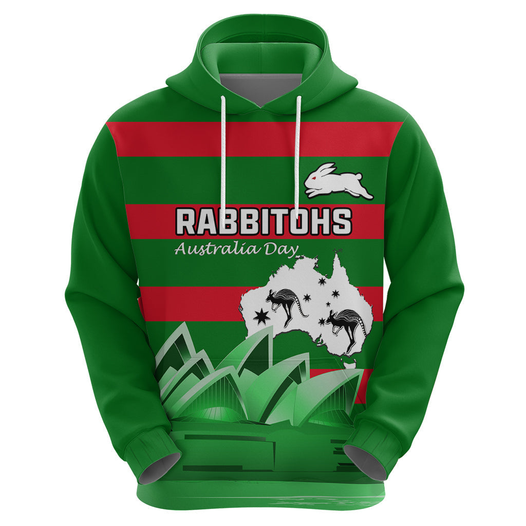 Custom Australia Day Rabbitohs Hoodie NRL 2024 Sydney Opera House With Map - Vibe Hoodie Shop