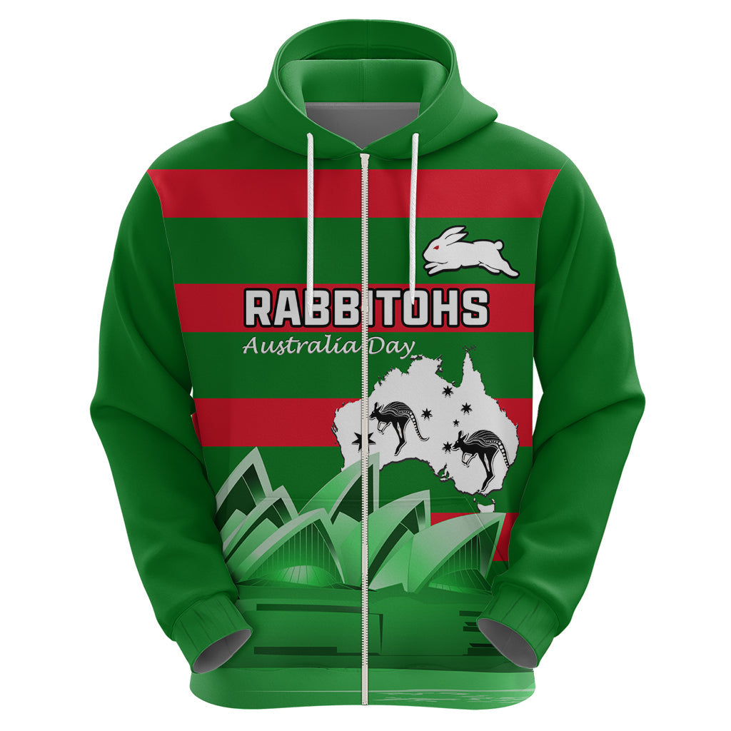 Custom Australia Day Rabbitohs Hoodie NRL 2024 Sydney Opera House With Map - Vibe Hoodie Shop