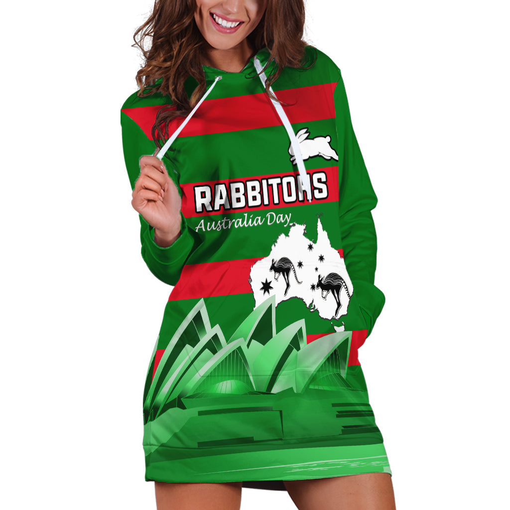 Custom Australia Day Rabbitohs Hoodie Dress NRL 2024 Sydney Opera House With Map - Vibe Hoodie Shop