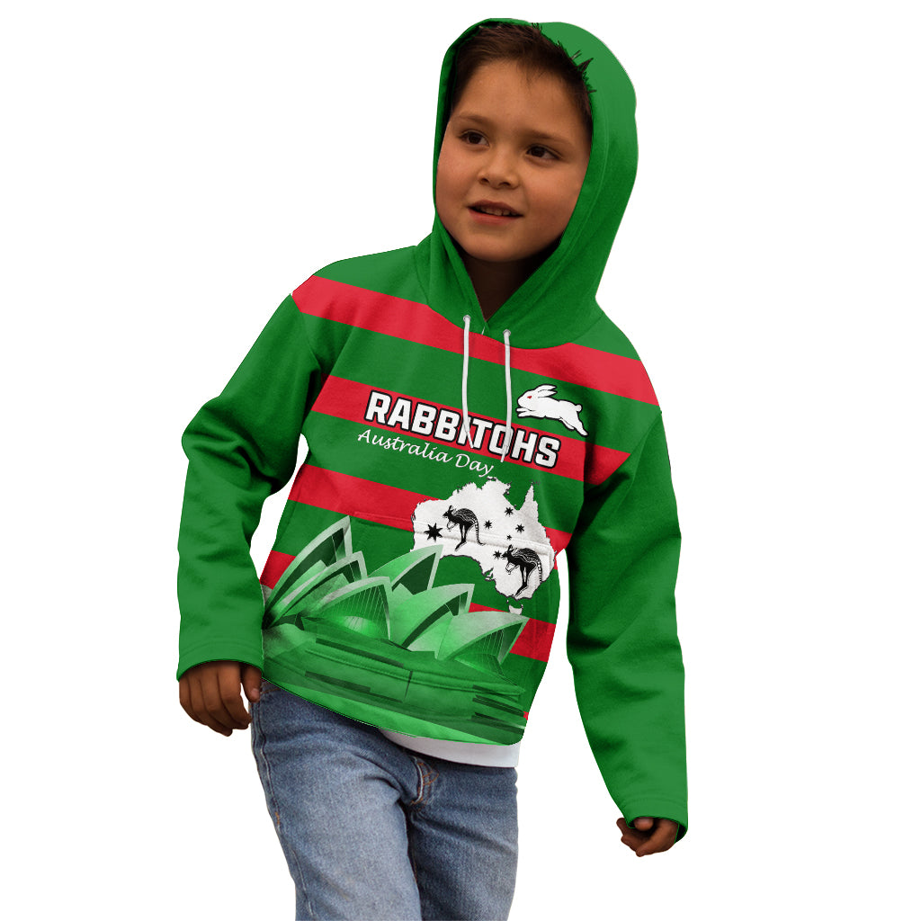 Custom Australia Day Rabbitohs Kid Hoodie NRL 2024 Sydney Opera House With Map - Vibe Hoodie Shop