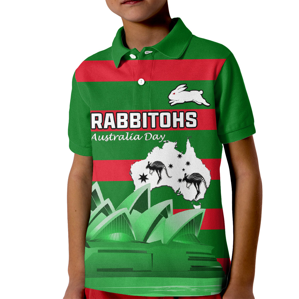 Custom Australia Day Rabbitohs Kid Polo Shirt NRL 2024 Sydney Opera House With Map - Vibe Hoodie Shop