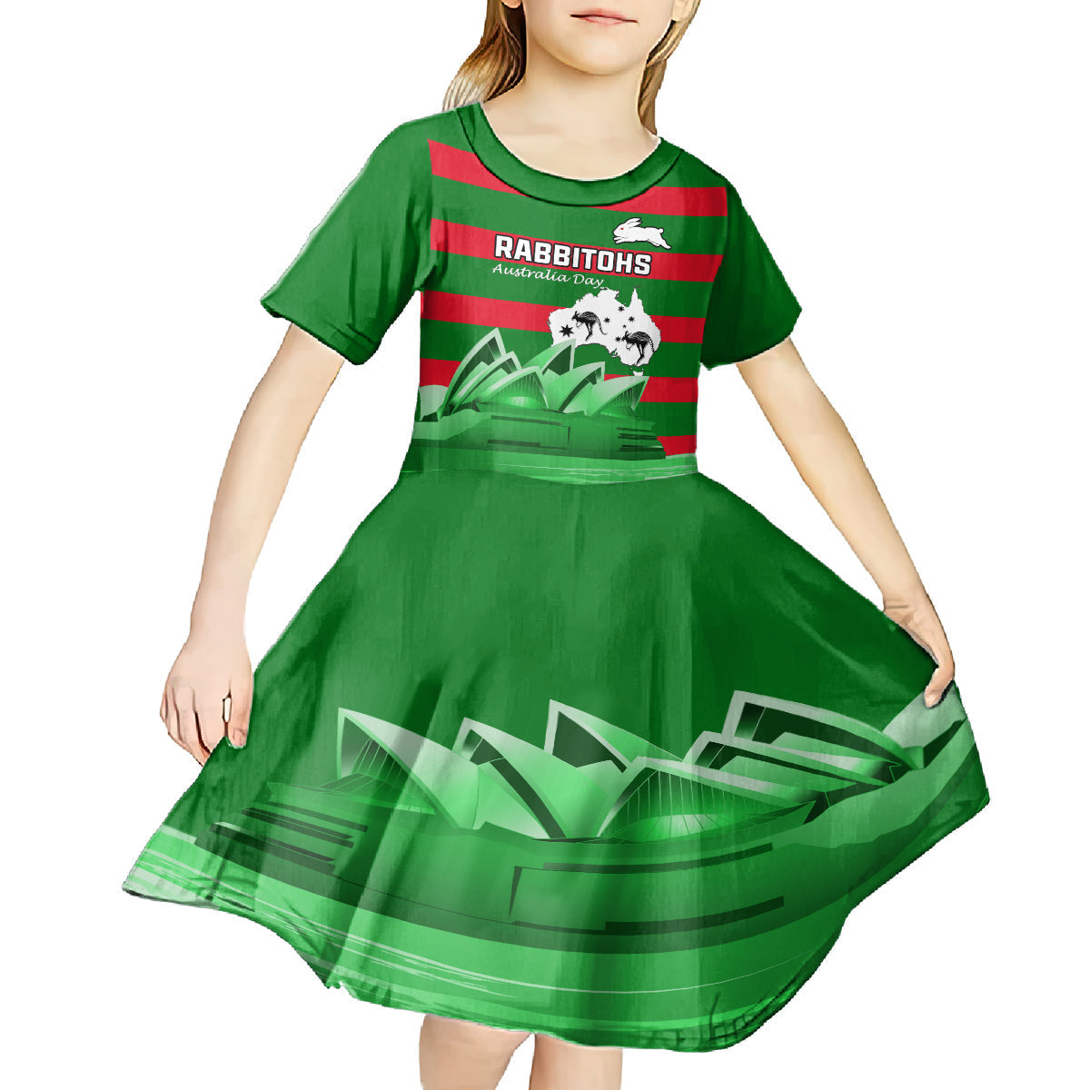 Custom Australia Day Rabbitohs Kid Short Sleeve Dress NRL 2024 Sydney Opera House With Map - Vibe Hoodie Shop