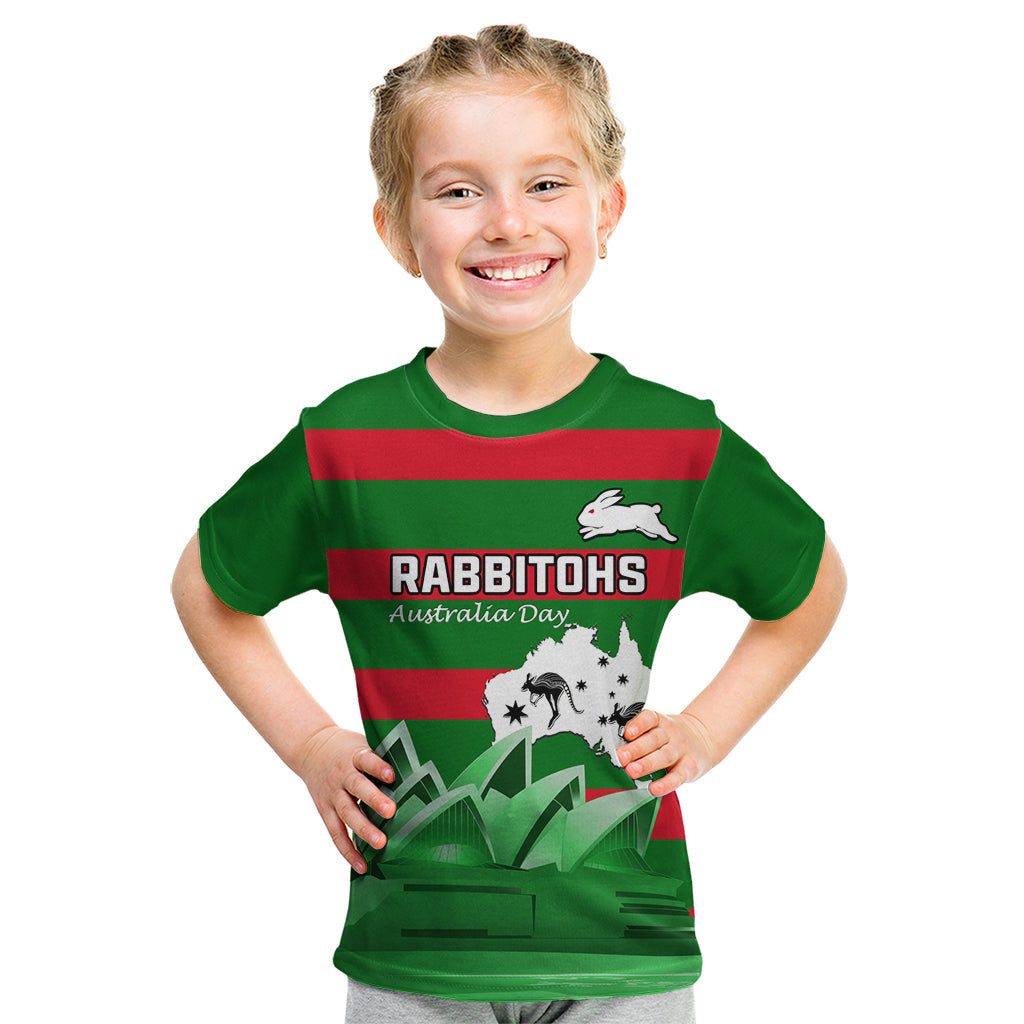 Custom Australia Day Rabbitohs Kid T Shirt NRL 2024 Sydney Opera House With Map - Vibe Hoodie Shop