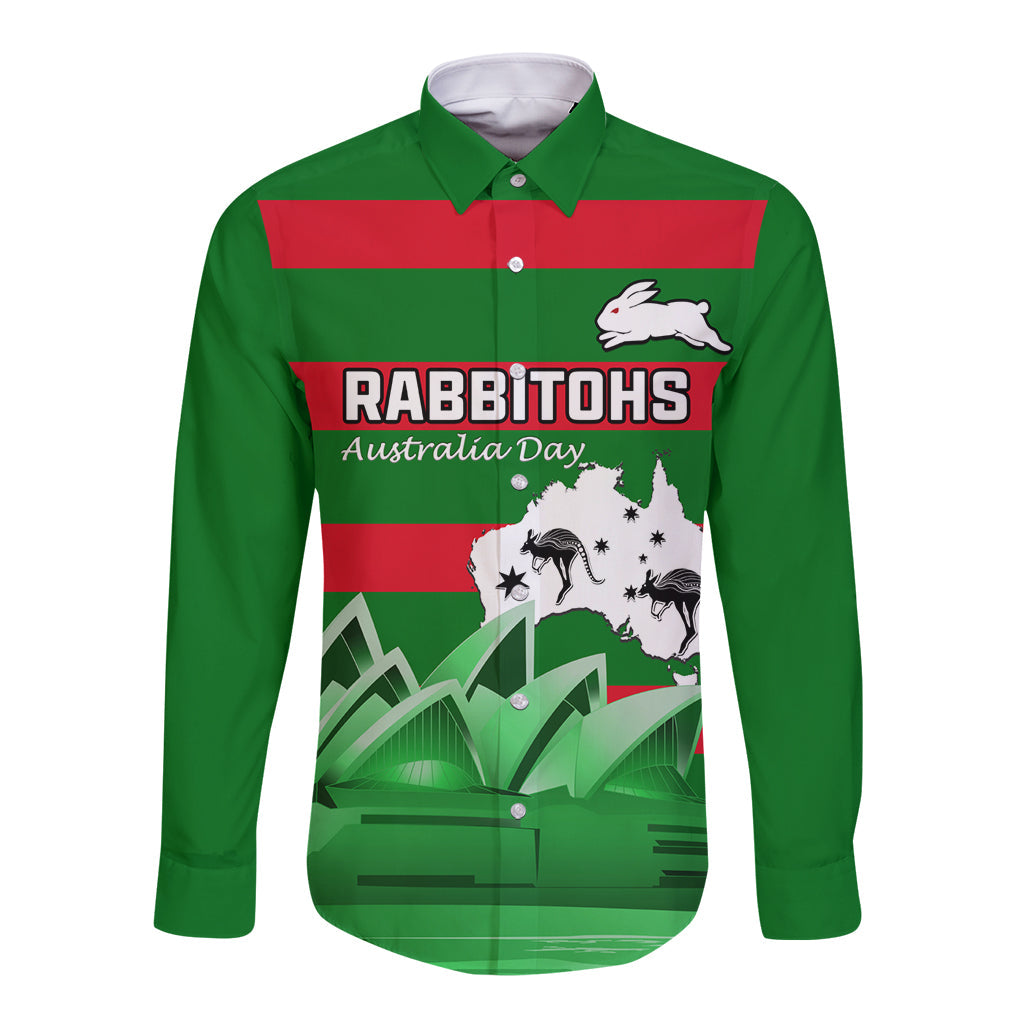 Custom Australia Day Rabbitohs Long Sleeve Button Shirt NRL 2024 Sydney Opera House With Map - Vibe Hoodie Shop