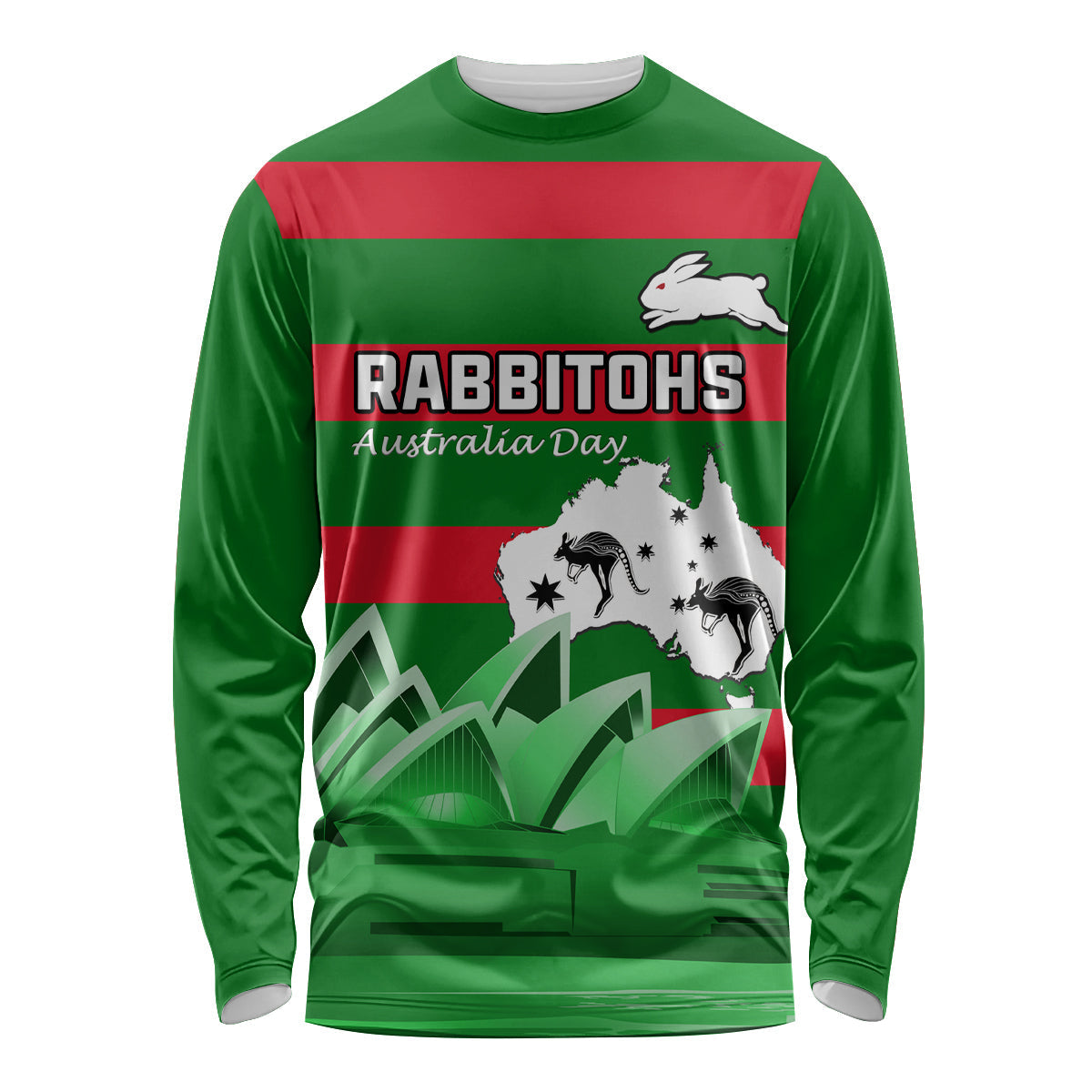 Custom Australia Day Rabbitohs Long Sleeve Shirt NRL 2024 Sydney Opera House With Map - Vibe Hoodie Shop