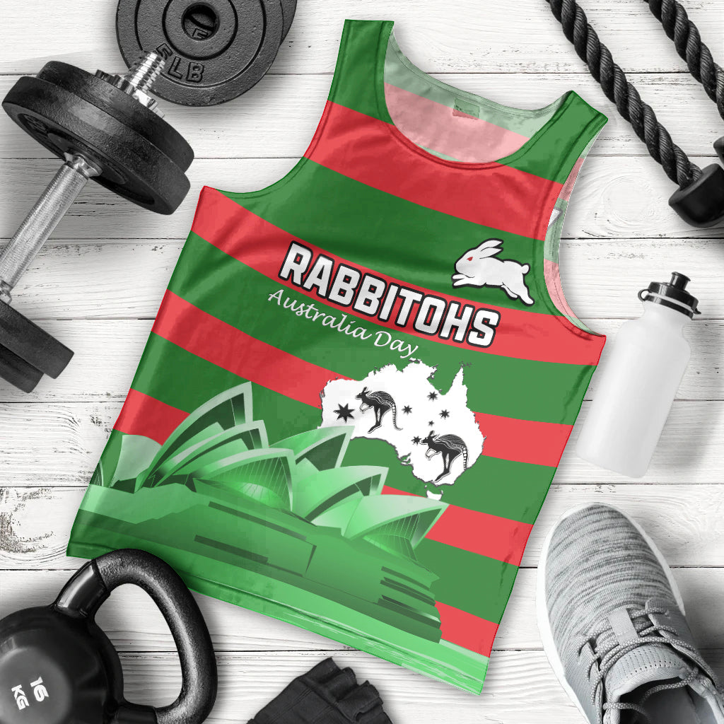 Custom Australia Day Rabbitohs Men Tank Top NRL 2024 Sydney Opera House With Map - Vibe Hoodie Shop