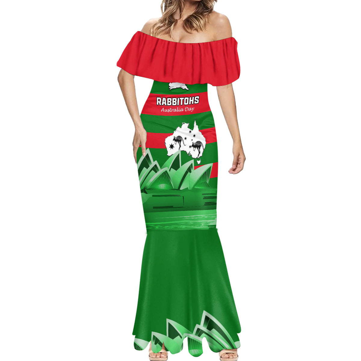 Custom Australia Day Rabbitohs Mermaid Dress NRL 2024 Sydney Opera House With Map