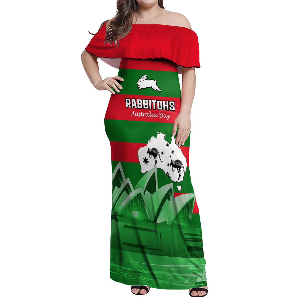 Custom Australia Day Rabbitohs Off Shoulder Maxi Dress NRL 2024 Sydney Opera House With Map