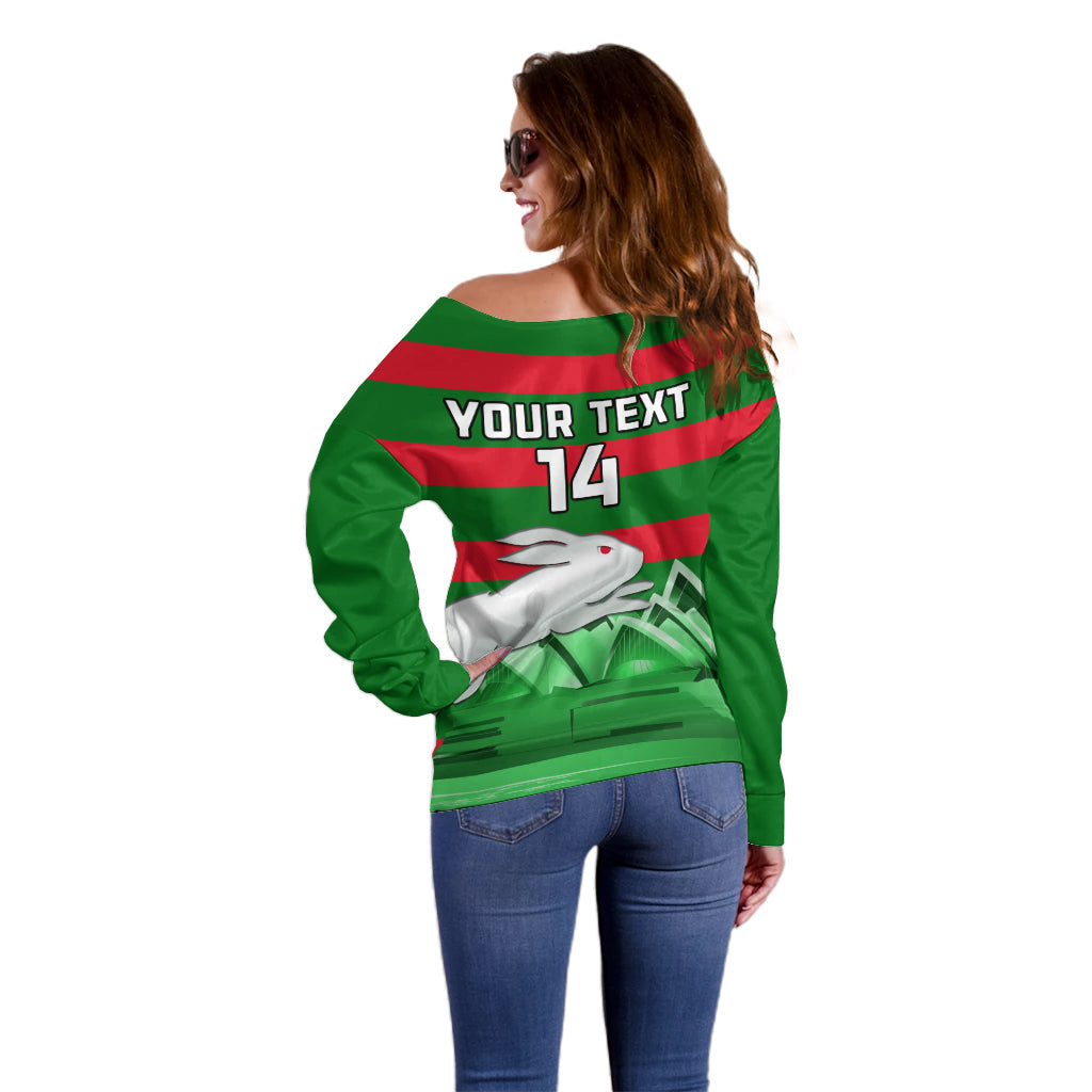 Custom Australia Day Rabbitohs Off Shoulder Sweater NRL 2024 Sydney Opera House With Map - Vibe Hoodie Shop