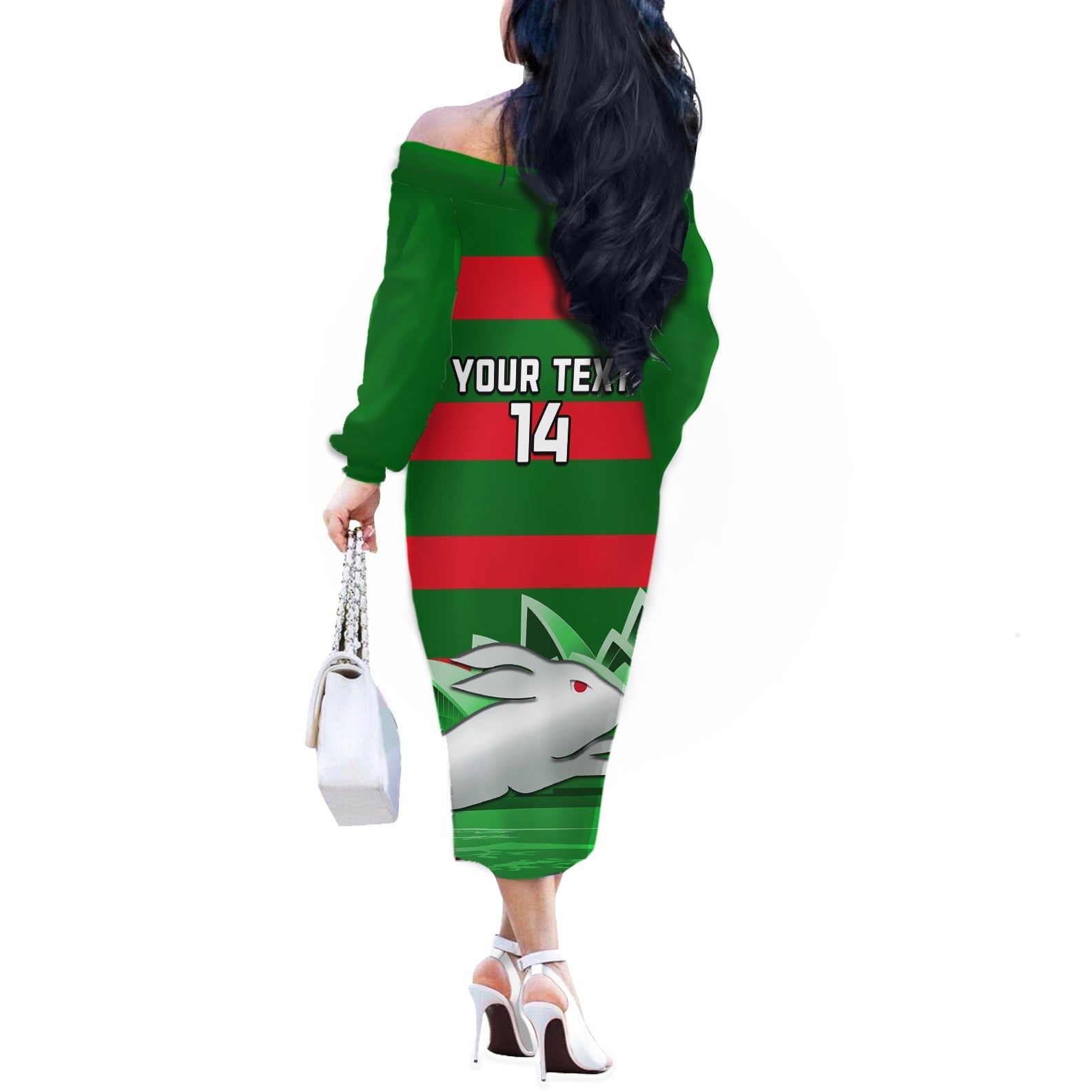 Custom Australia Day Rabbitohs Off The Shoulder Long Sleeve Dress NRL 2024 Sydney Opera House With Map