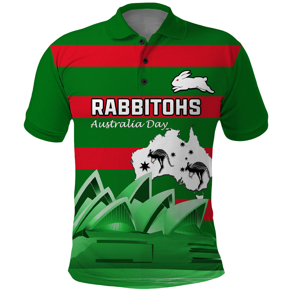 Custom Australia Day Rabbitohs Polo Shirt NRL 2024 Sydney Opera House With Map - Vibe Hoodie Shop