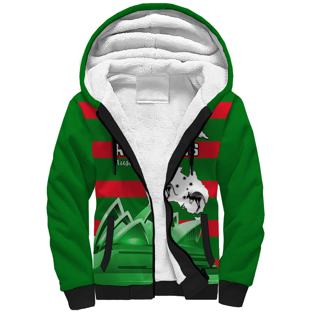 Custom Australia Day Rabbitohs Sherpa Hoodie NRL 2024 Sydney Opera House With Map - Vibe Hoodie Shop