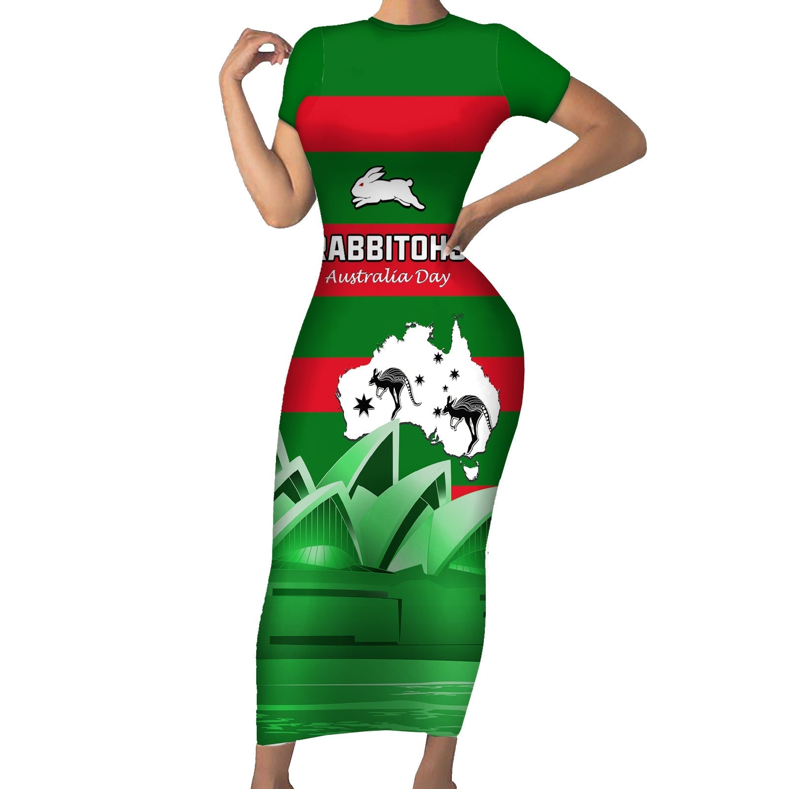 Custom Australia Day Rabbitohs Short Sleeve Bodycon Dress NRL 2024 Sydney Opera House With Map