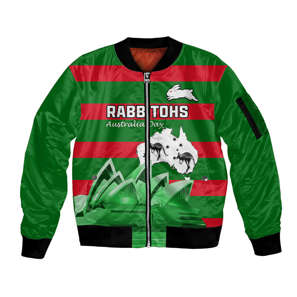 Custom Australia Day Rabbitohs Sleeve Zip Bomber Jacket NRL 2024 Sydney Opera House With Map