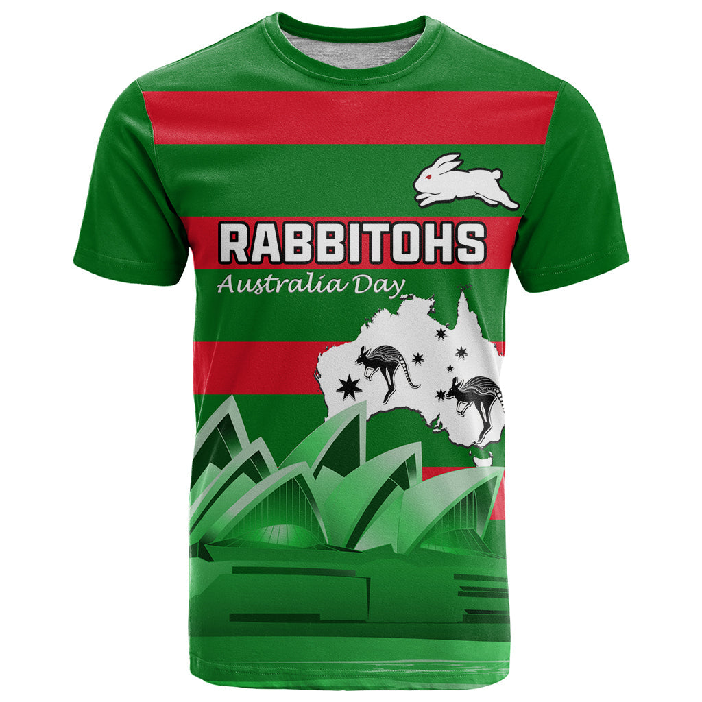 Custom Australia Day Rabbitohs T Shirt NRL 2024 Sydney Opera House With Map - Vibe Hoodie Shop