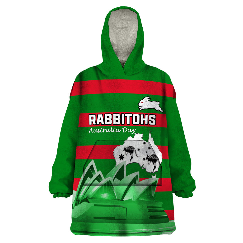 Custom Australia Day Rabbitohs Wearable Blanket Hoodie NRL 2024 Sydney Opera House With Map - Vibe Hoodie Shop