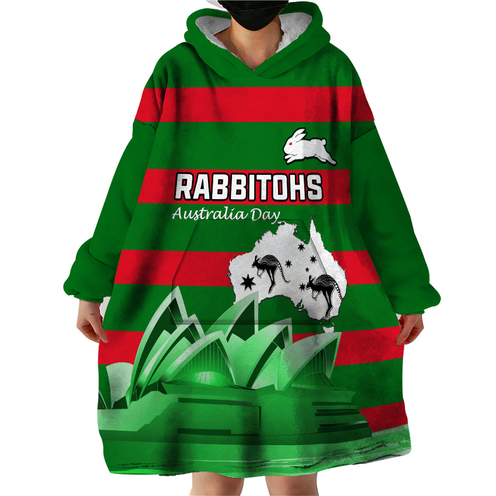 Custom Australia Day Rabbitohs Wearable Blanket Hoodie NRL 2024 Sydney Opera House With Map - Vibe Hoodie Shop