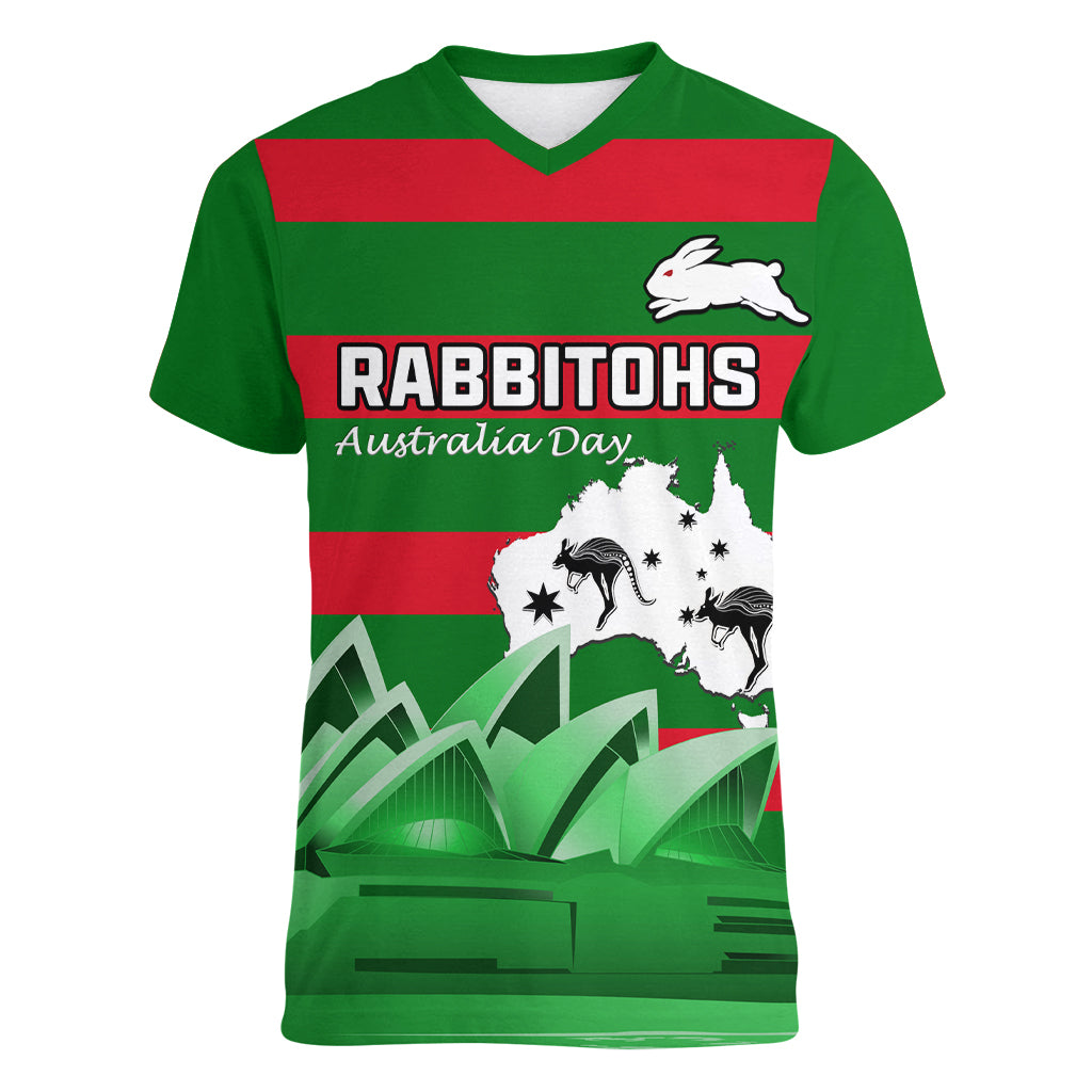 Custom Australia Day Rabbitohs Women V Neck T Shirt NRL 2024 Sydney Opera House With Map - Vibe Hoodie Shop