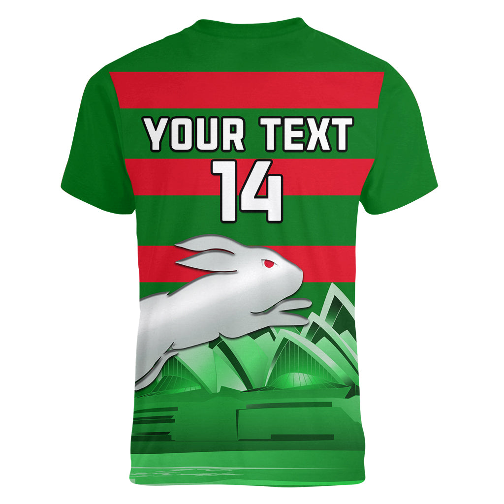 Custom Australia Day Rabbitohs Women V Neck T Shirt NRL 2024 Sydney Opera House With Map - Vibe Hoodie Shop