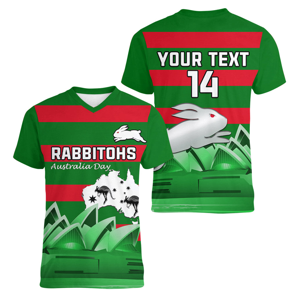 Custom Australia Day Rabbitohs Women V Neck T Shirt NRL 2024 Sydney Opera House With Map - Vibe Hoodie Shop