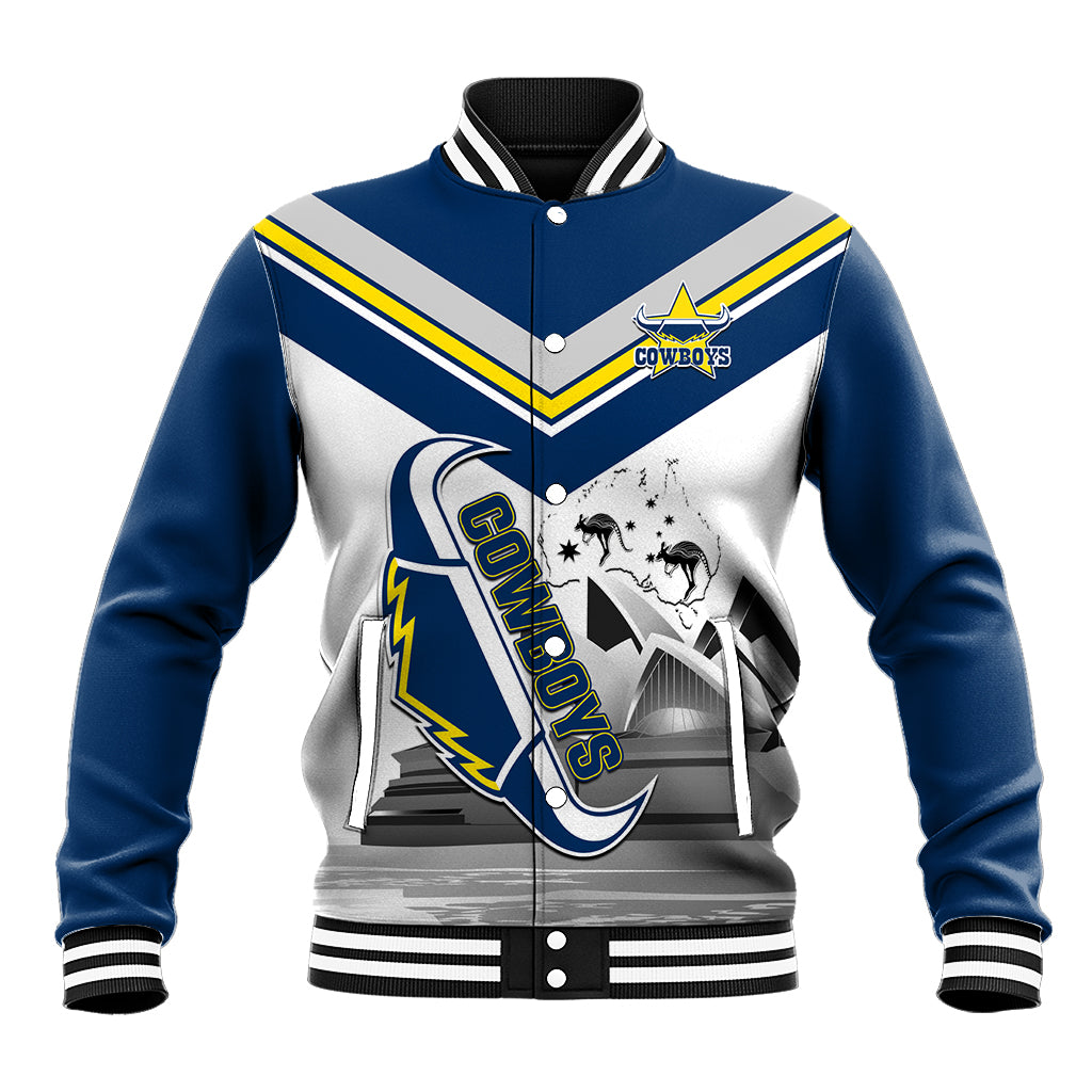 Custom Australia Day Cowboys Baseball Jacket NRL 2024 Sydney Opera House With Map - Vibe Hoodie Shop