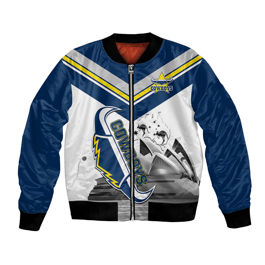 Custom Australia Day Cowboys Bomber Jacket NRL 2024 Sydney Opera House With Map - Vibe Hoodie Shop