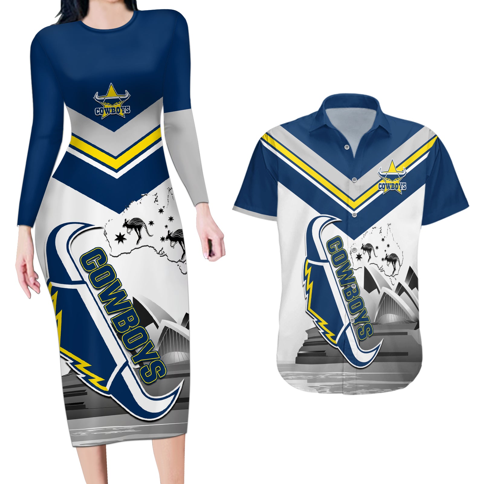 Custom Australia Day Cowboys Couples Matching Long Sleeve Bodycon Dress and Hawaiian Shirt NRL 2024 Sydney Opera House With Map