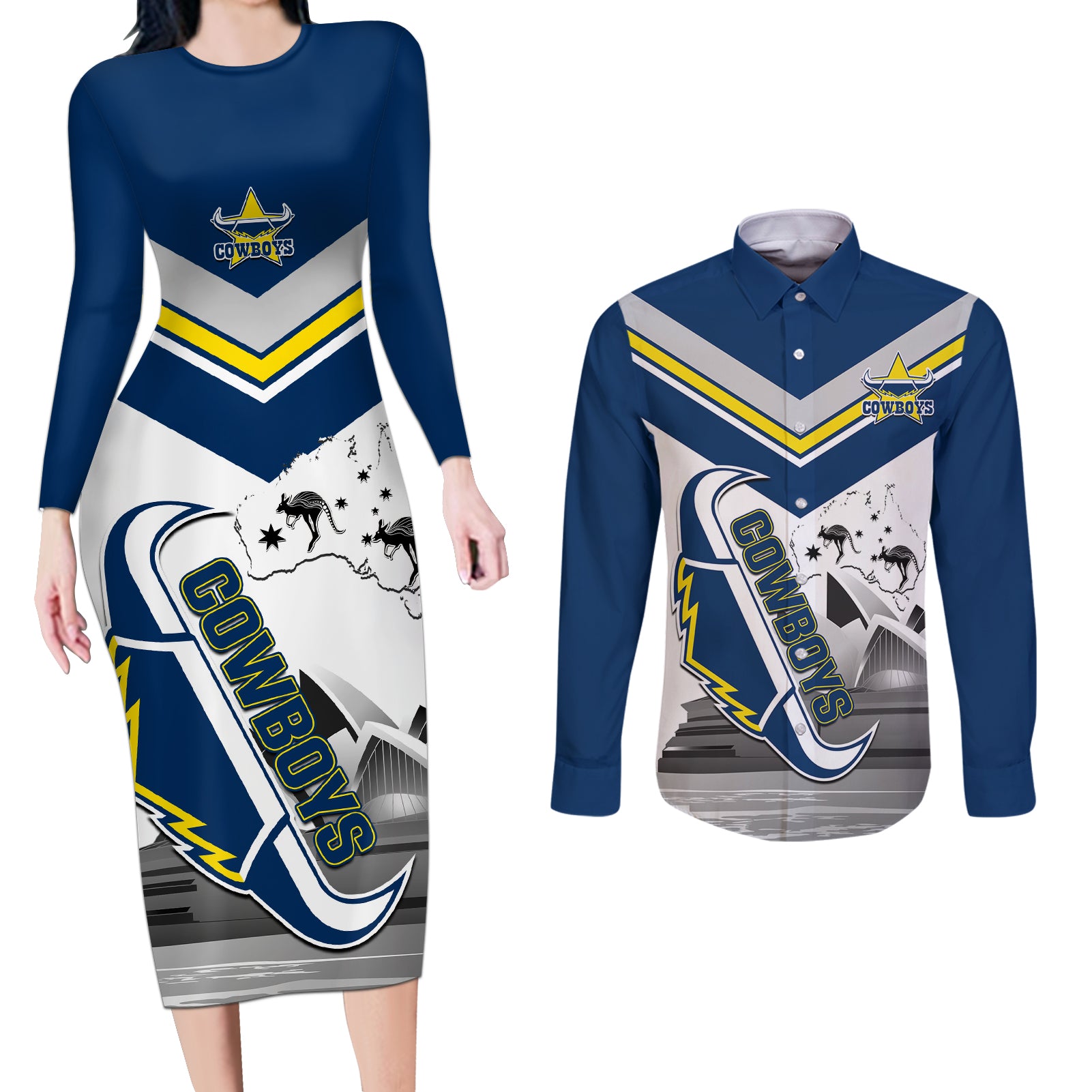 Custom Australia Day Cowboys Couples Matching Long Sleeve Bodycon Dress and Long Sleeve Button Shirt NRL 2024 Sydney Opera House With Map