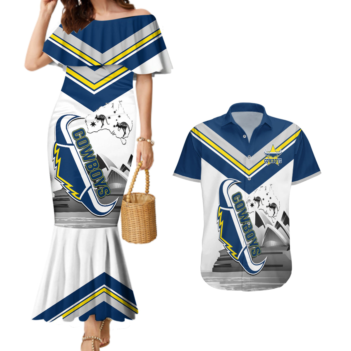 Custom Australia Day Cowboys Couples Matching Mermaid Dress and Hawaiian Shirt NRL 2024 Sydney Opera House With Map