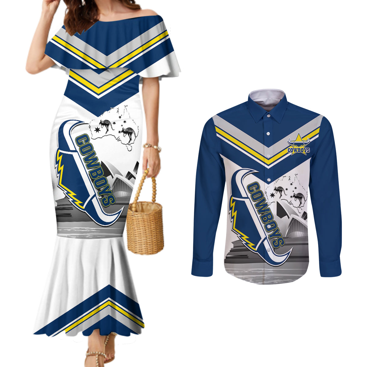 Custom Australia Day Cowboys Couples Matching Mermaid Dress and Long Sleeve Button Shirt NRL 2024 Sydney Opera House With Map