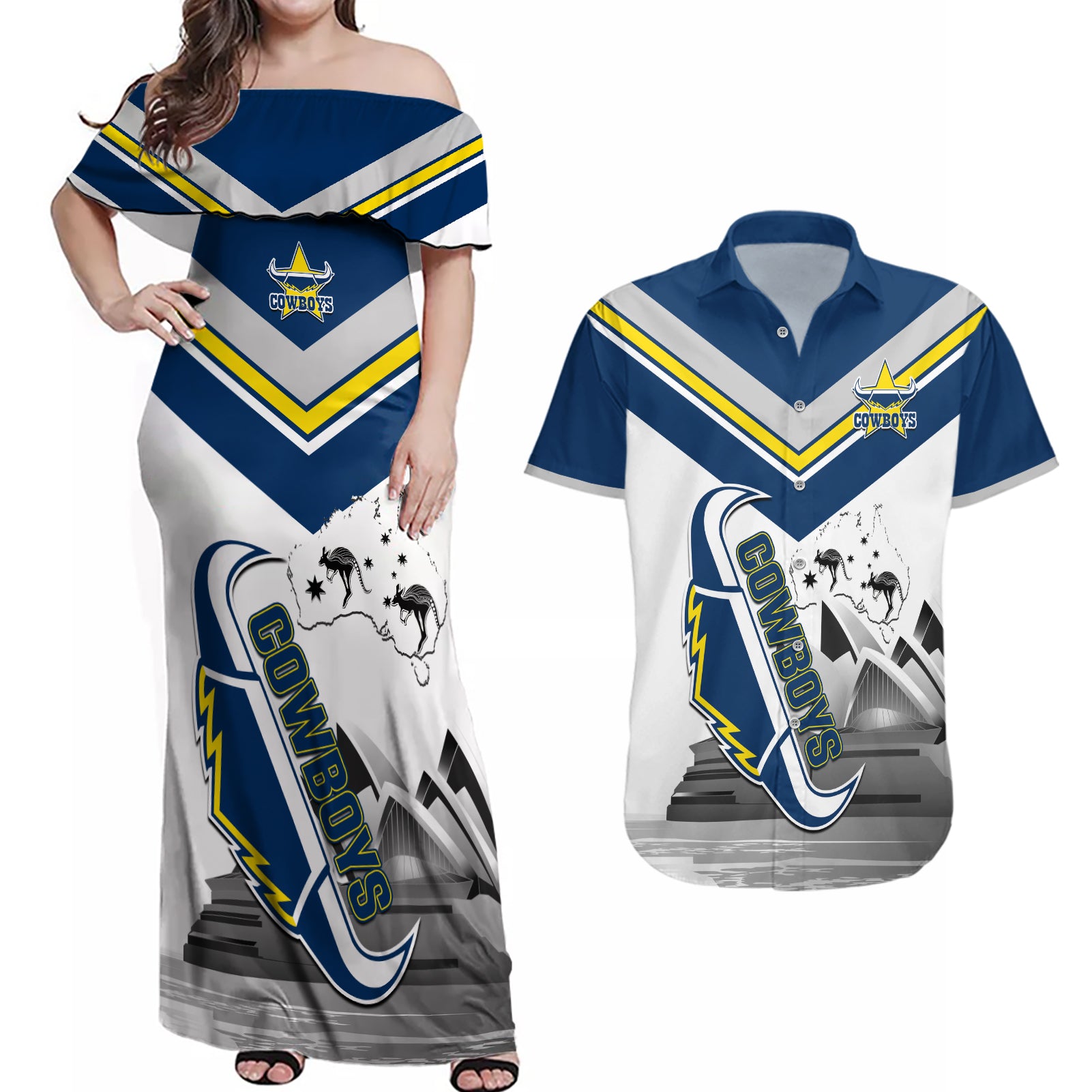 Custom Australia Day Cowboys Couples Matching Off Shoulder Maxi Dress and Hawaiian Shirt NRL 2024 Sydney Opera House With Map