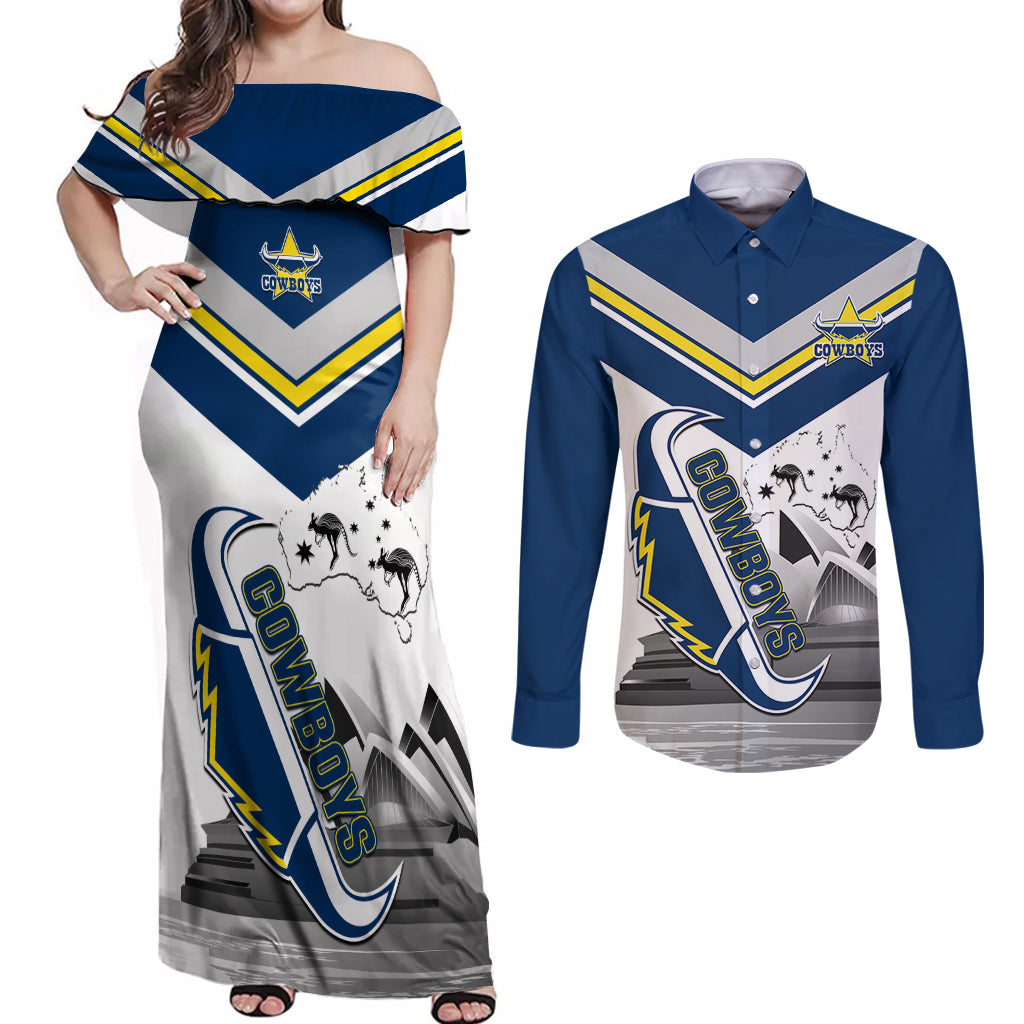 Custom Australia Day Cowboys Couples Matching Off Shoulder Maxi Dress and Long Sleeve Button Shirt NRL 2024 Sydney Opera House With Map