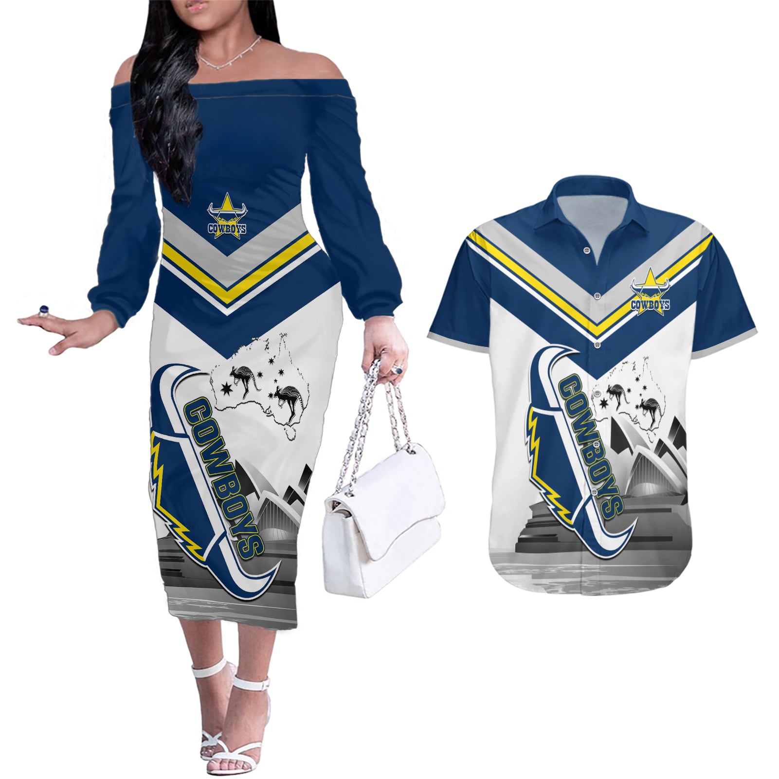 Custom Australia Day Cowboys Couples Matching Off The Shoulder Long Sleeve Dress and Hawaiian Shirt NRL 2024 Sydney Opera House With Map