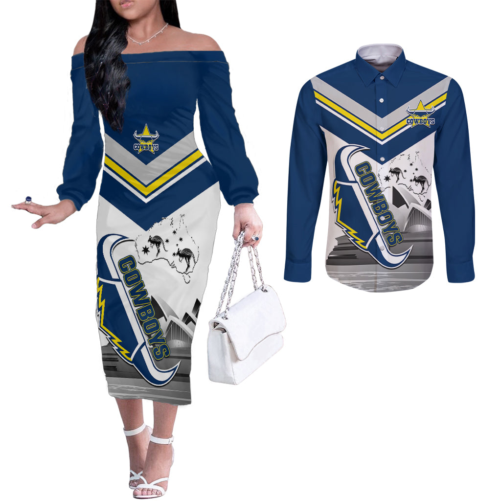 Custom Australia Day Cowboys Couples Matching Off The Shoulder Long Sleeve Dress and Long Sleeve Button Shirt NRL 2024 Sydney Opera House With Map